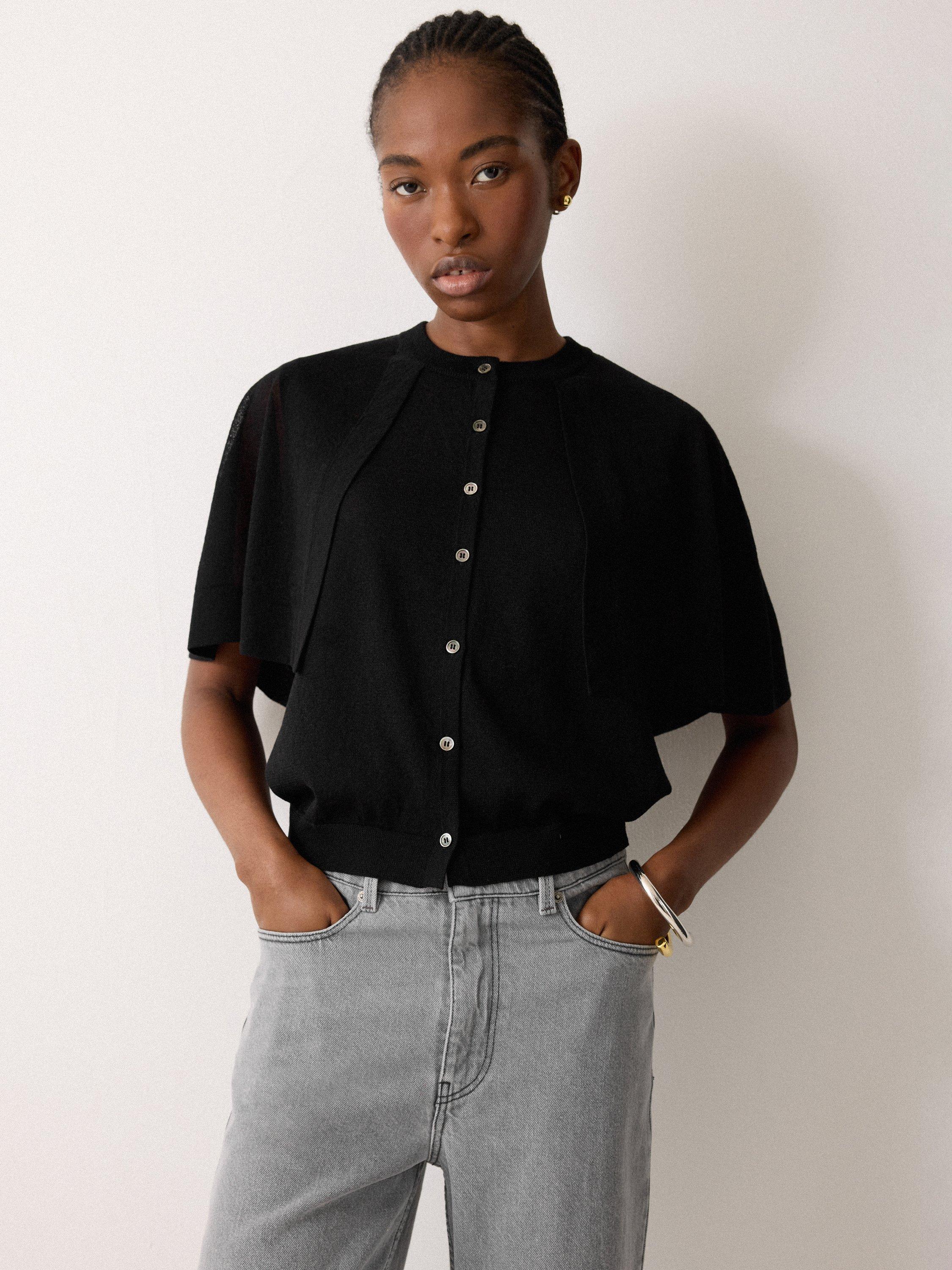 Product image 1 of 5, which shows Jigsaw Sheer Cape Cardigan Top, Black, L