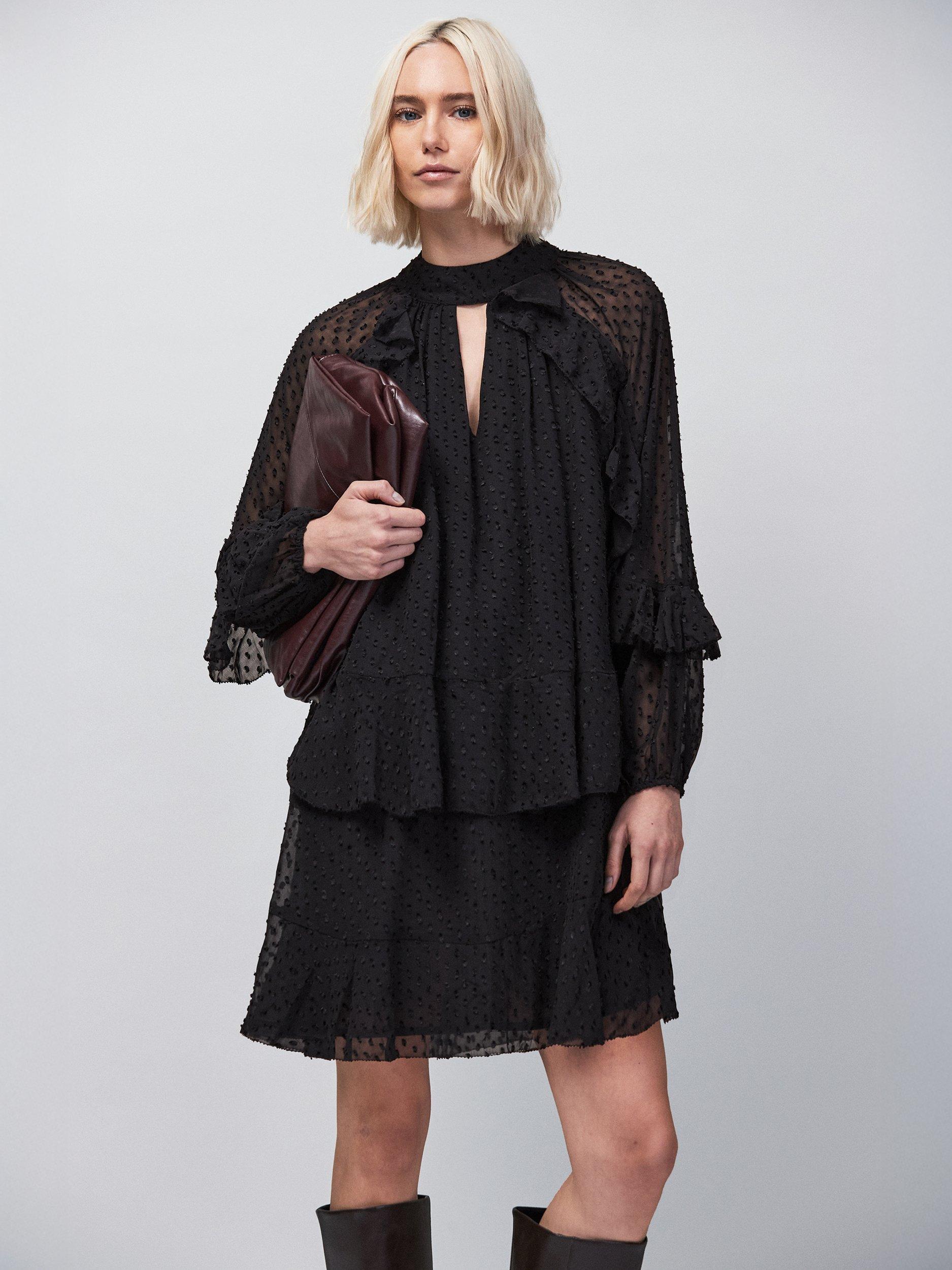 Product image 1 of 5, which shows Ro&Zo Dobby Ruffle Mini Dress, Black, 6
