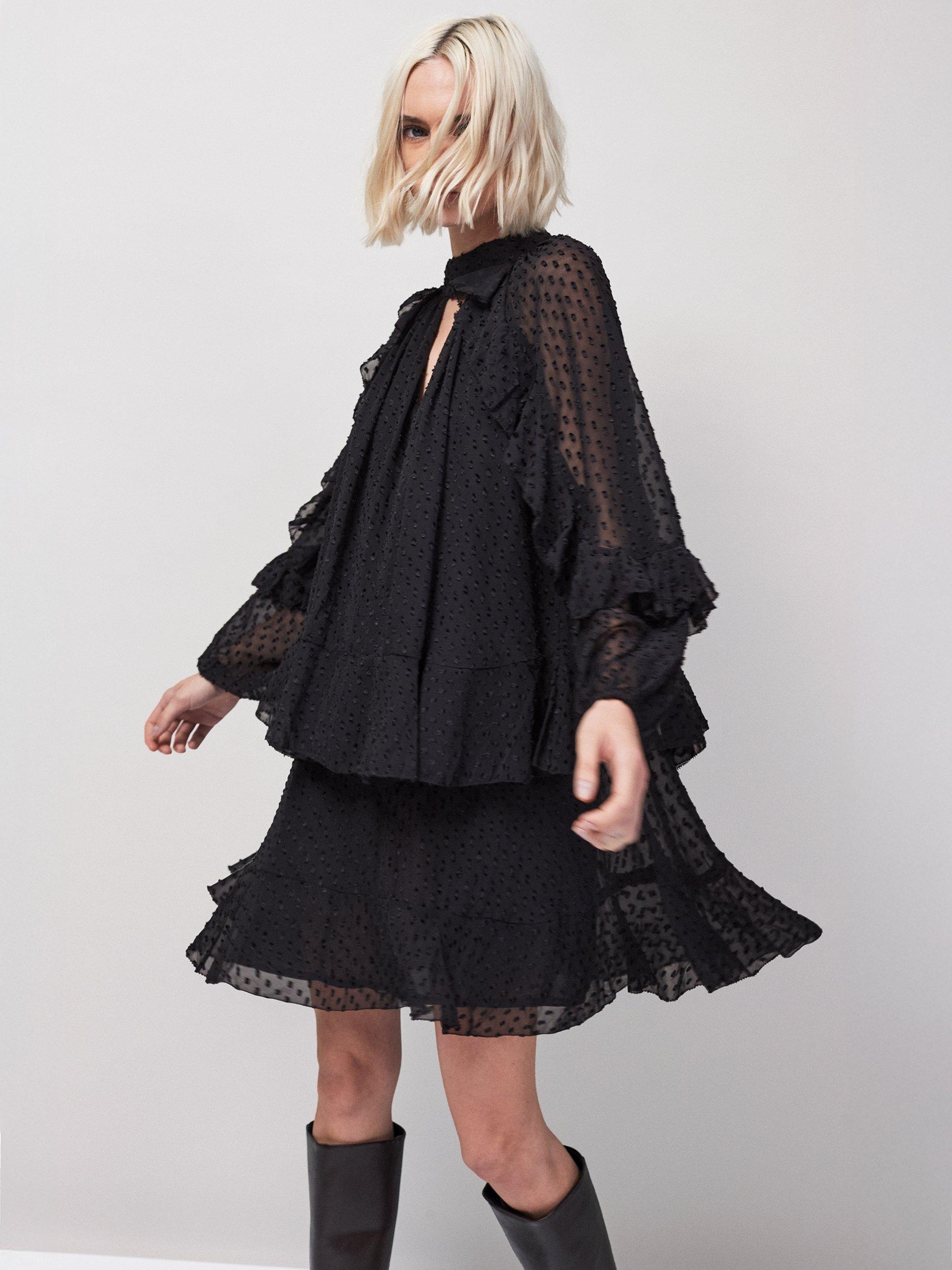 Product image 2 of 5, which shows Ro&Zo Petite Dobby Ruffle Mini Dress, Black, 6Pt