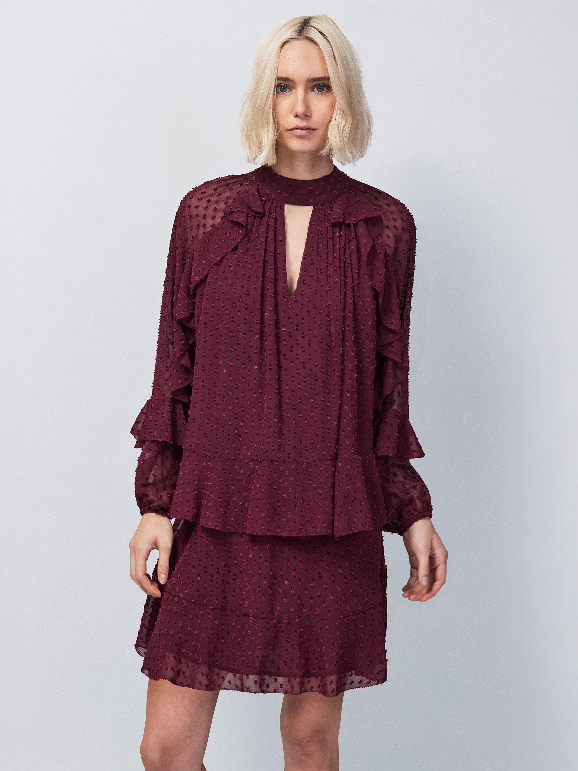 Product image 1 of 6, which shows Ro&Zo Dobby Ruffle Mini Dress, Red, 6