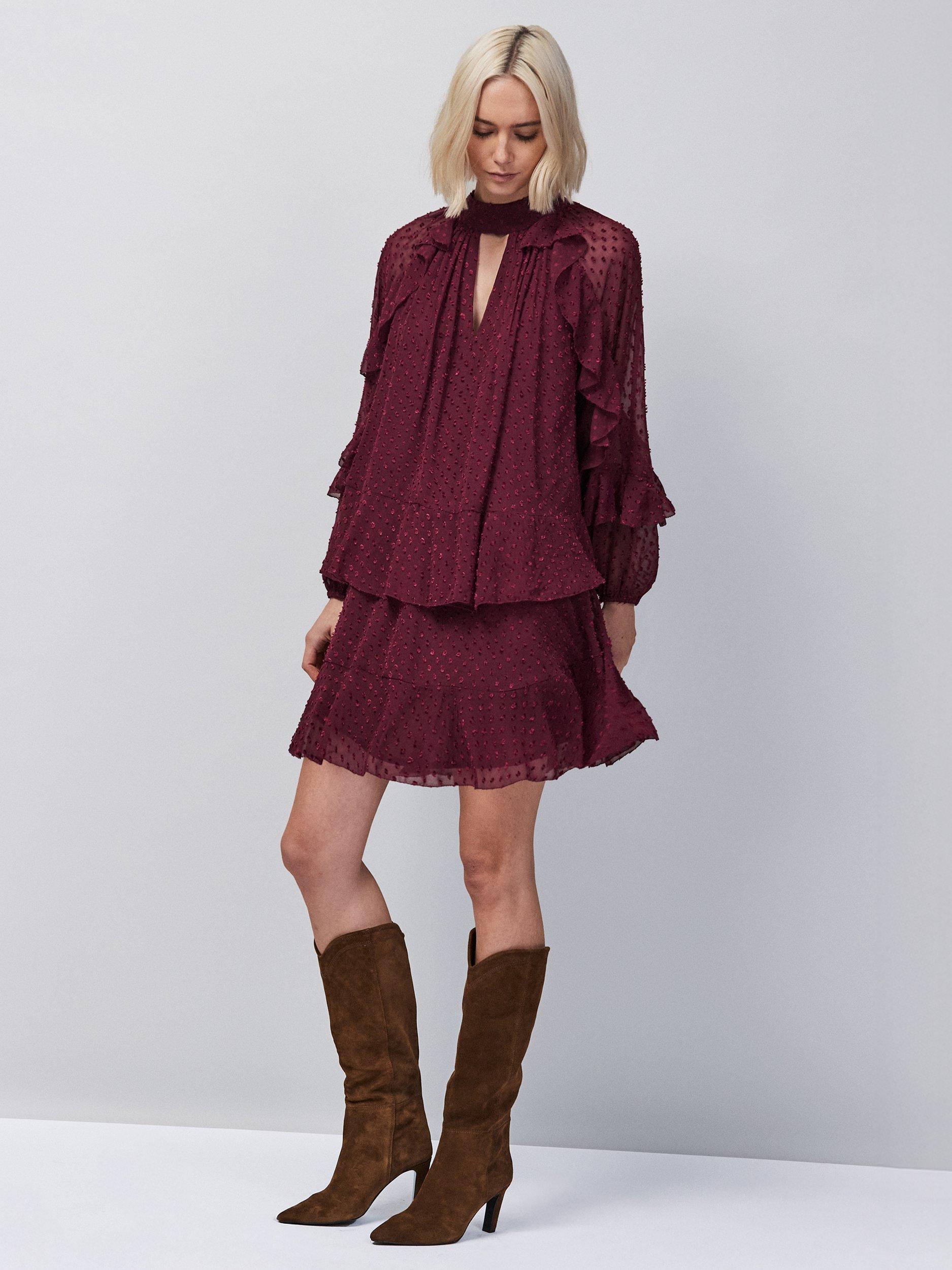 Product image 2 of 6, which shows Ro&Zo Dobby Ruffle Mini Dress, Red, 6