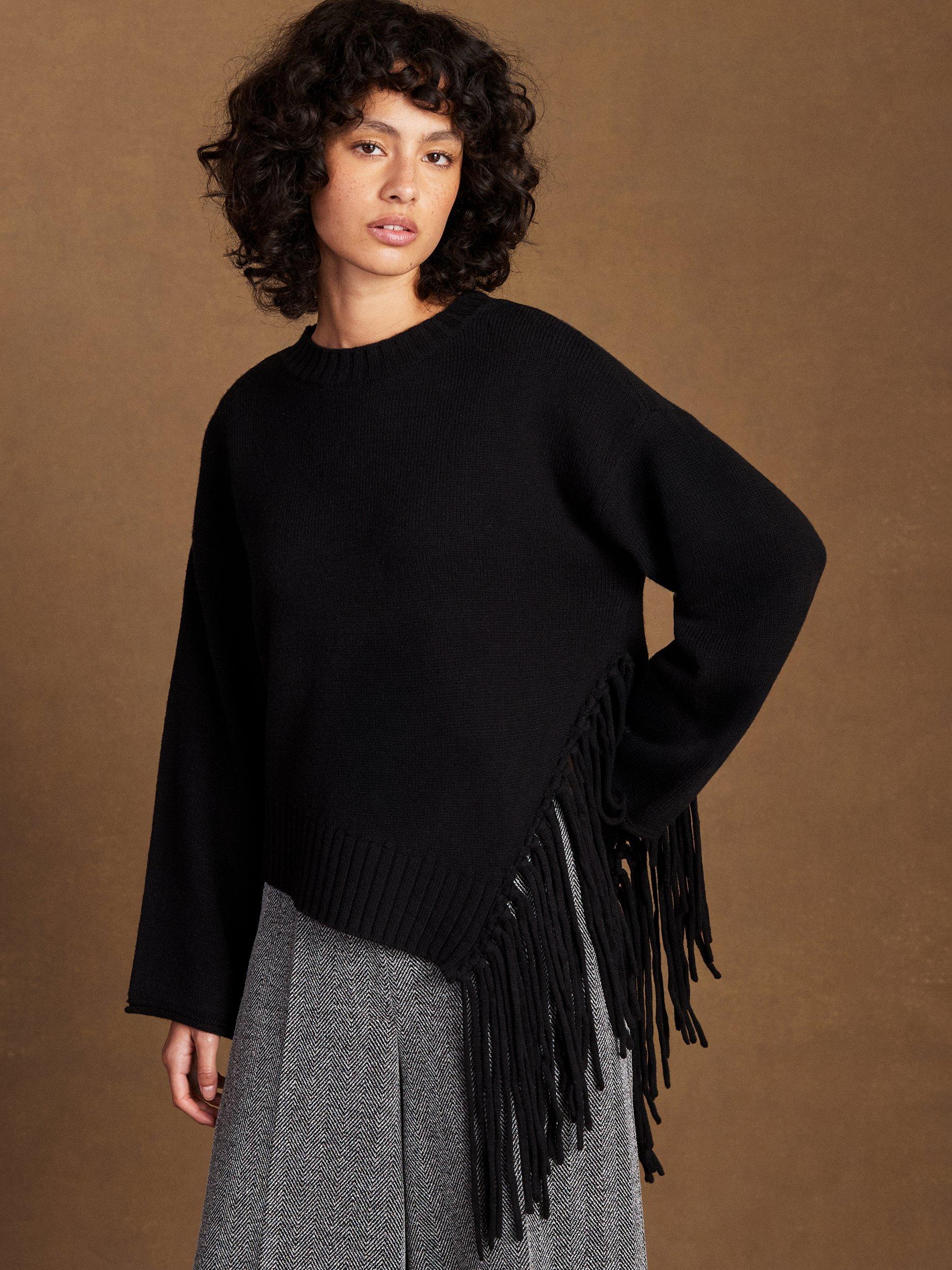 Product image 1 of 4, which shows Ro&Zo Asymmetric Fringe Jumper, Black, XS
