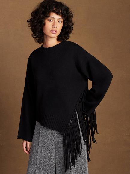 Ro&Zo Asymmetric Fringe Jumper, Black, Black