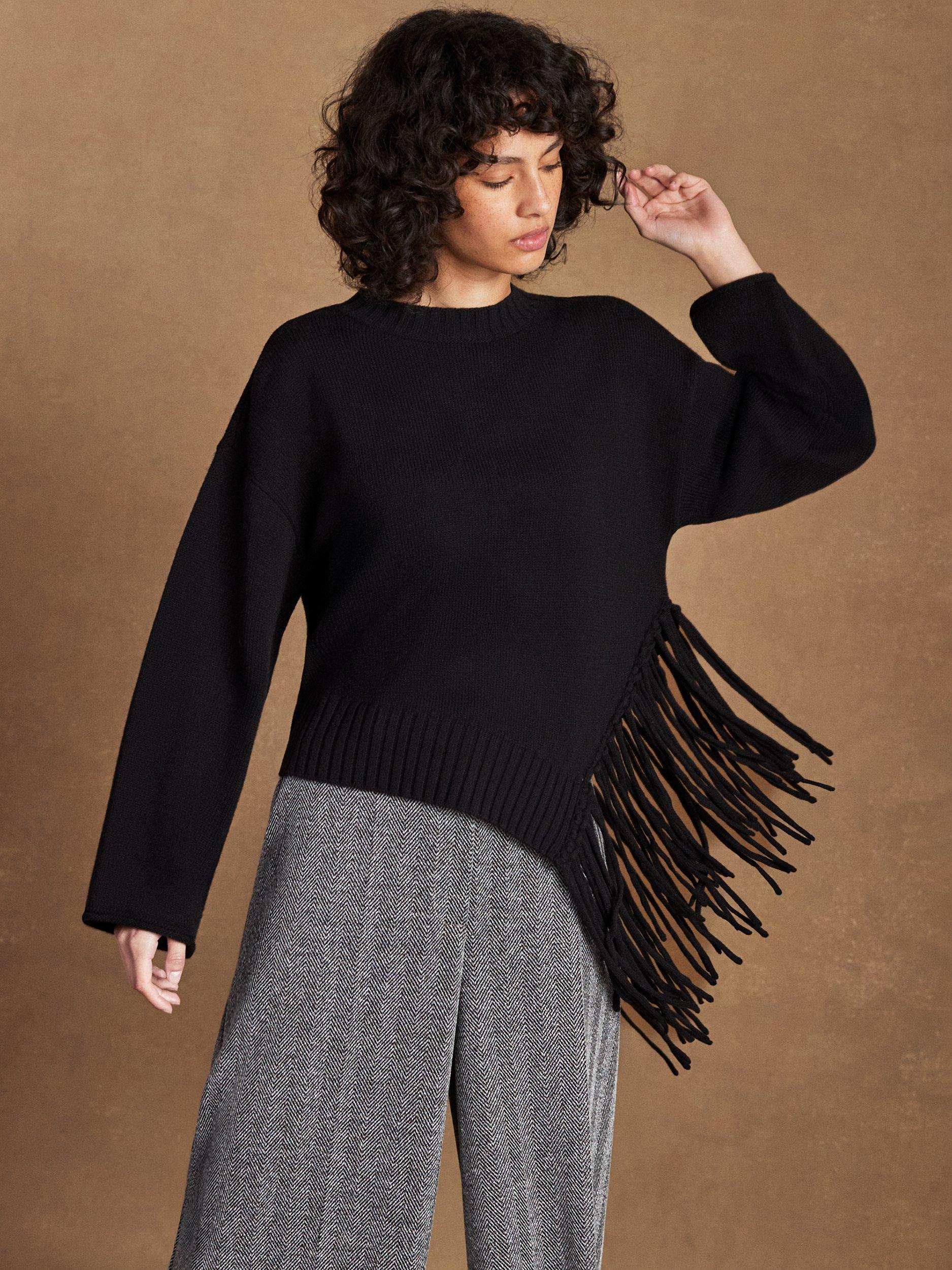 Product image 3 of 4, which shows Ro&Zo Asymmetric Fringe Jumper, Black, XS