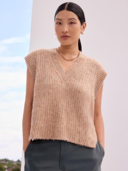 Ro&Zo Rib Knit V-Neck Jumper, Brown, Brown