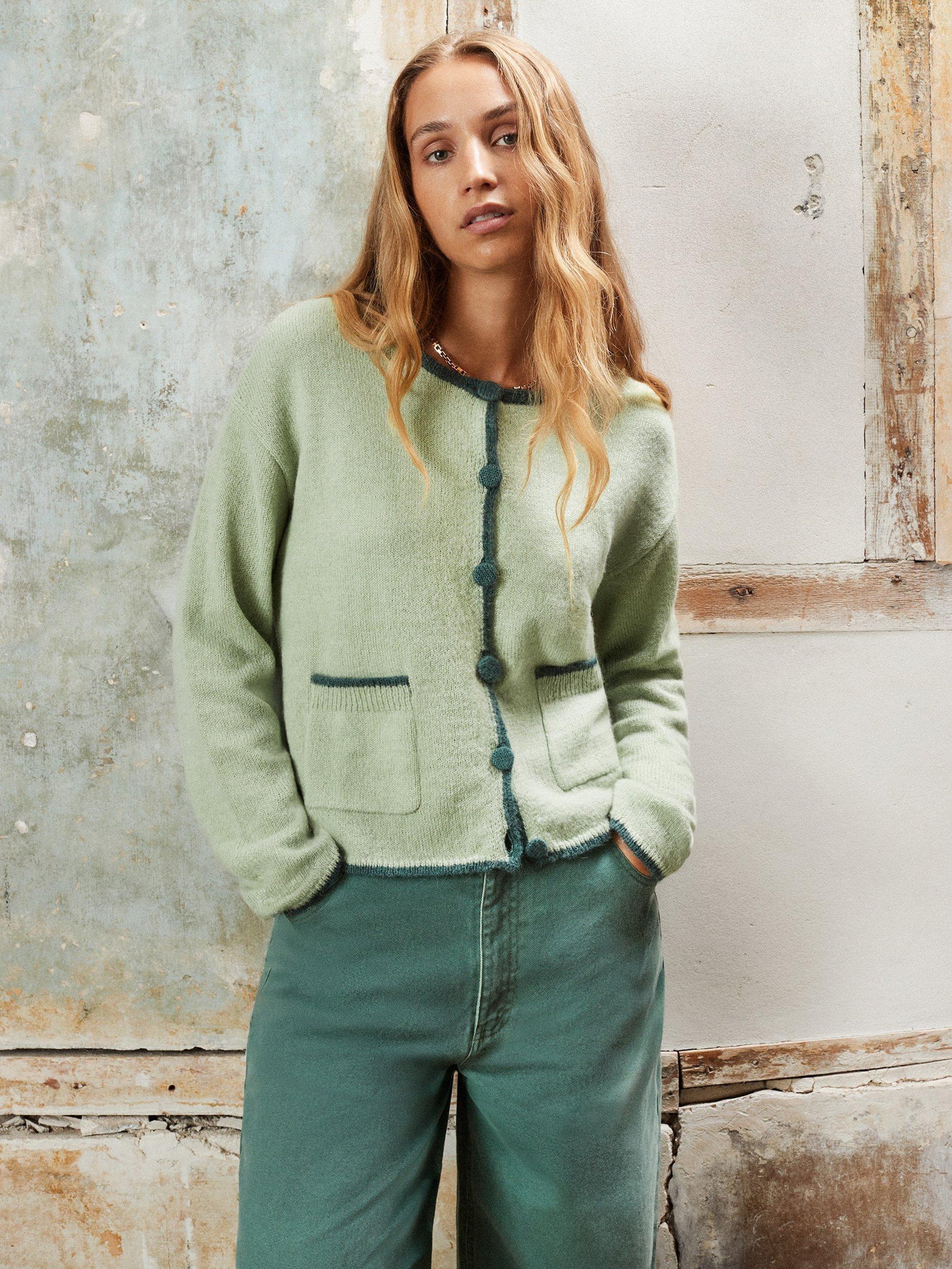 Ro&Zo Contrast Stitch Pocket Front Cardigan, Green