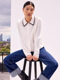 Ro&Zo Contrast Blanket Stitch Cardigan, White, White