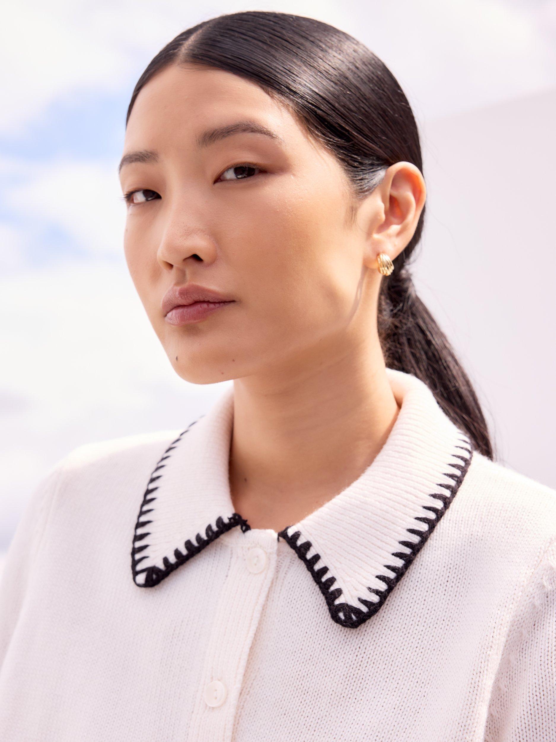 Product image 3 of 5, which shows Ro&Zo Contrast Blanket Stitch Cardigan, White, XS