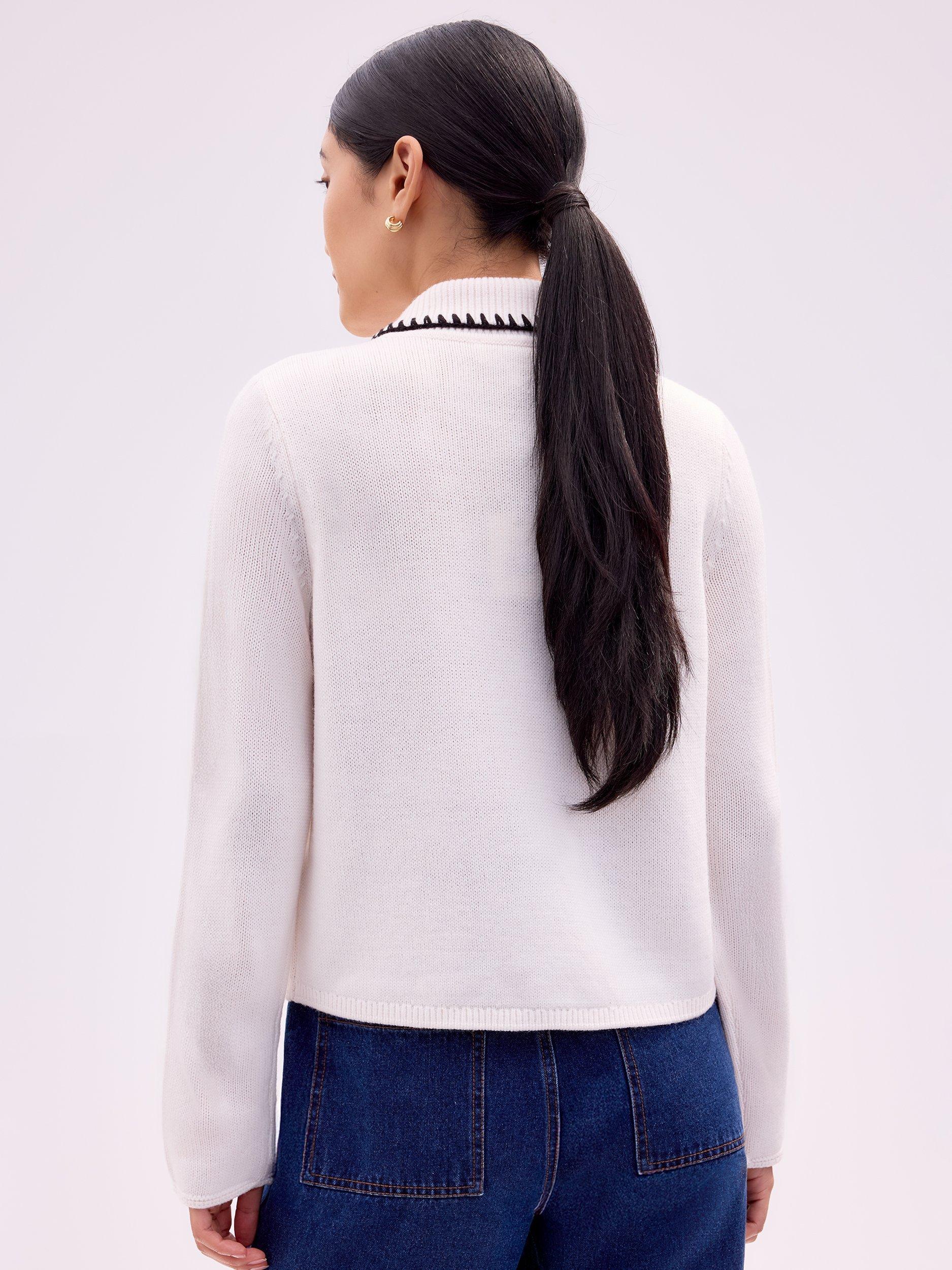 Product image 5 of 5, which shows Ro&Zo Contrast Blanket Stitch Cardigan, White, XS