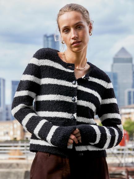 Ro&Zo Stripe Boucle Cardigan, Black, Black