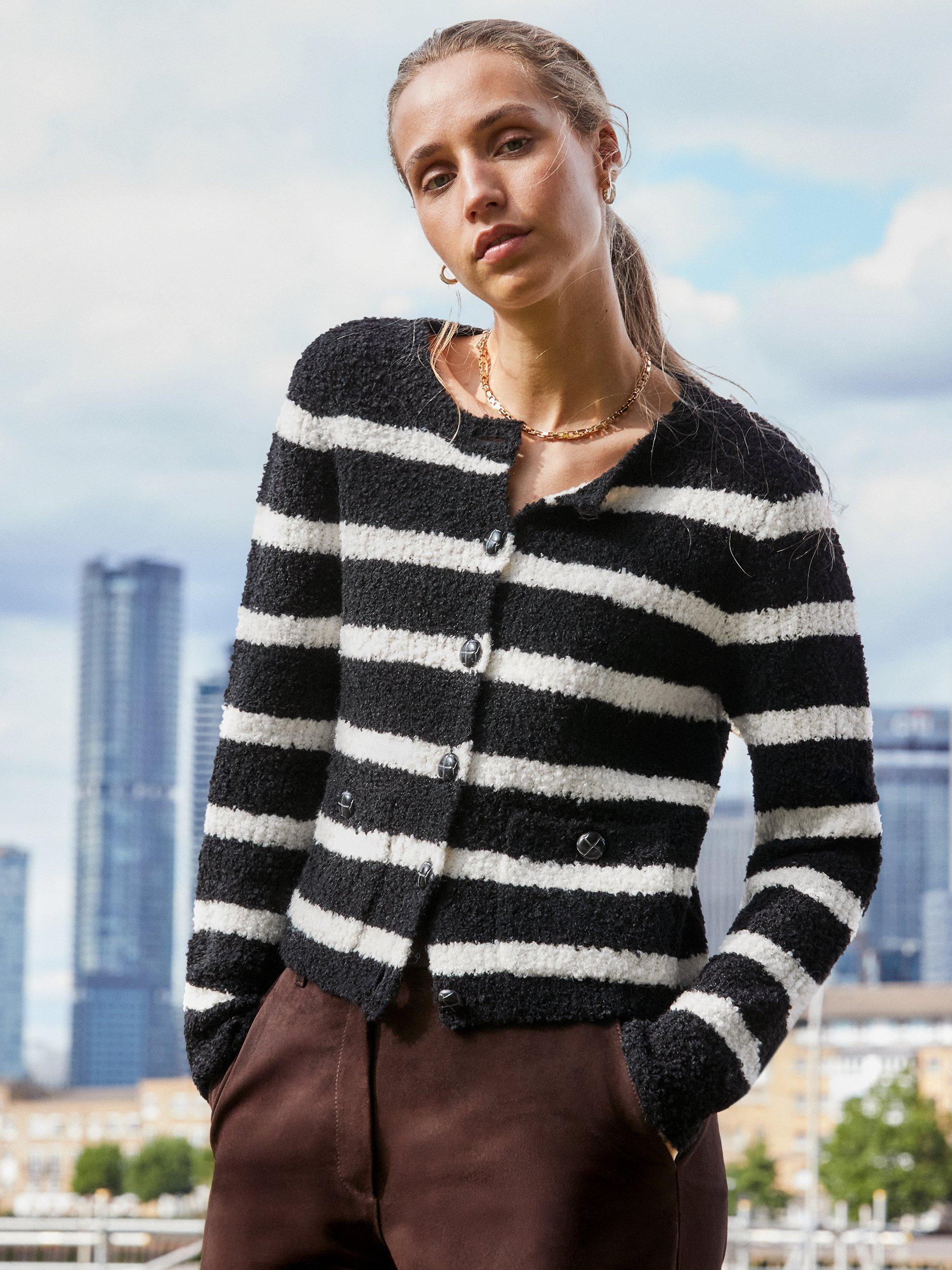 Product image 3 of 4, which shows Ro&Zo Stripe Boucle Cardigan, Black, S