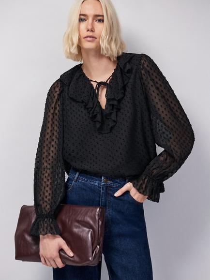 Ro&Zo Dobby Ruffle Front Top, Black, Black