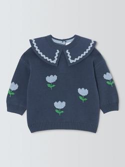 John Lewis Baby Floral Ric Rac Collar Jumper, Blue, Blue