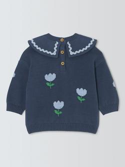 John Lewis Baby Floral Ric Rac Collar Jumper, Blue - view 2, Blue
