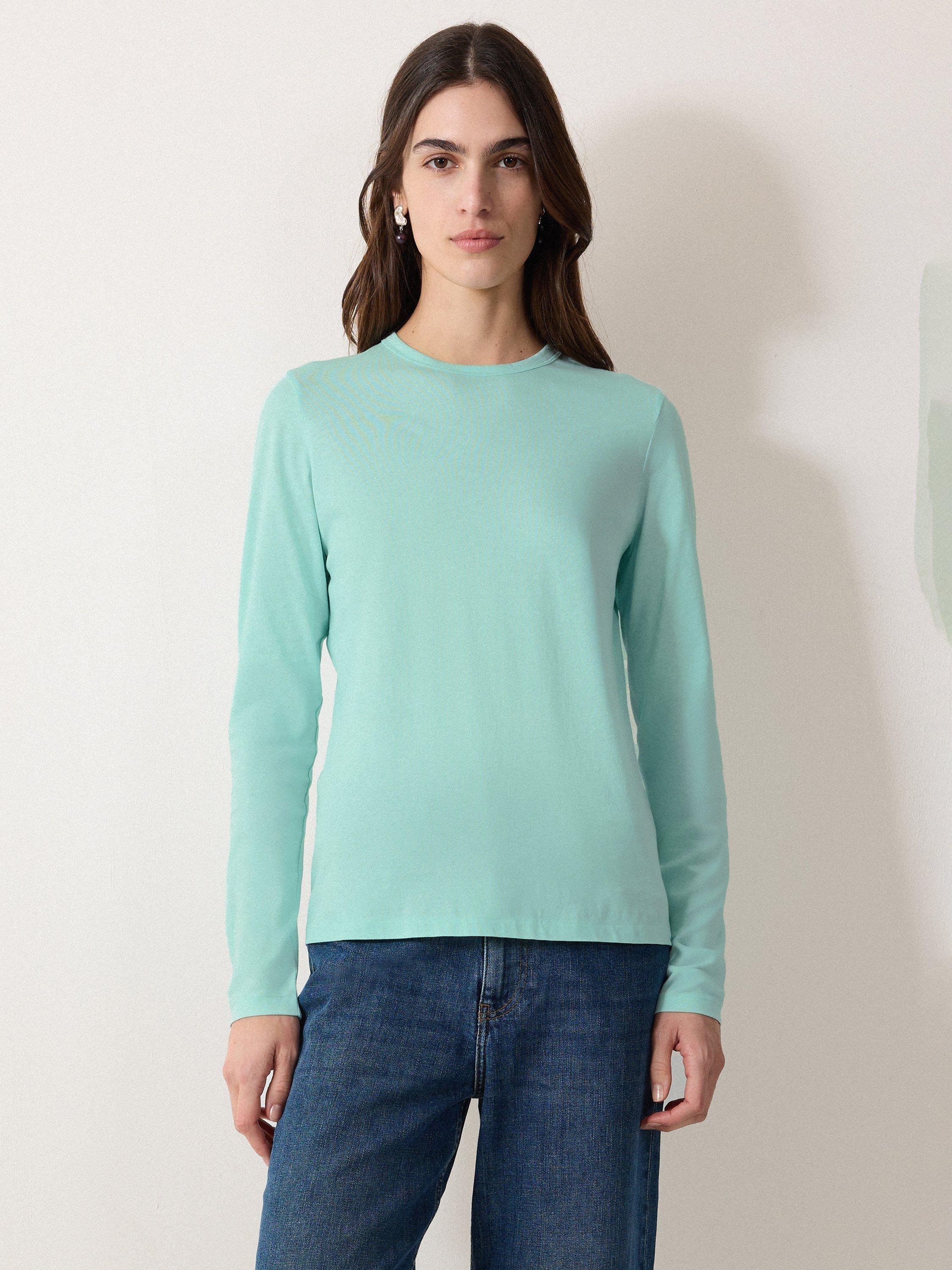 Product image 1 of 5, which shows Jigsaw Supima Cotton Long Sleeve Top, Aqua Green, XS