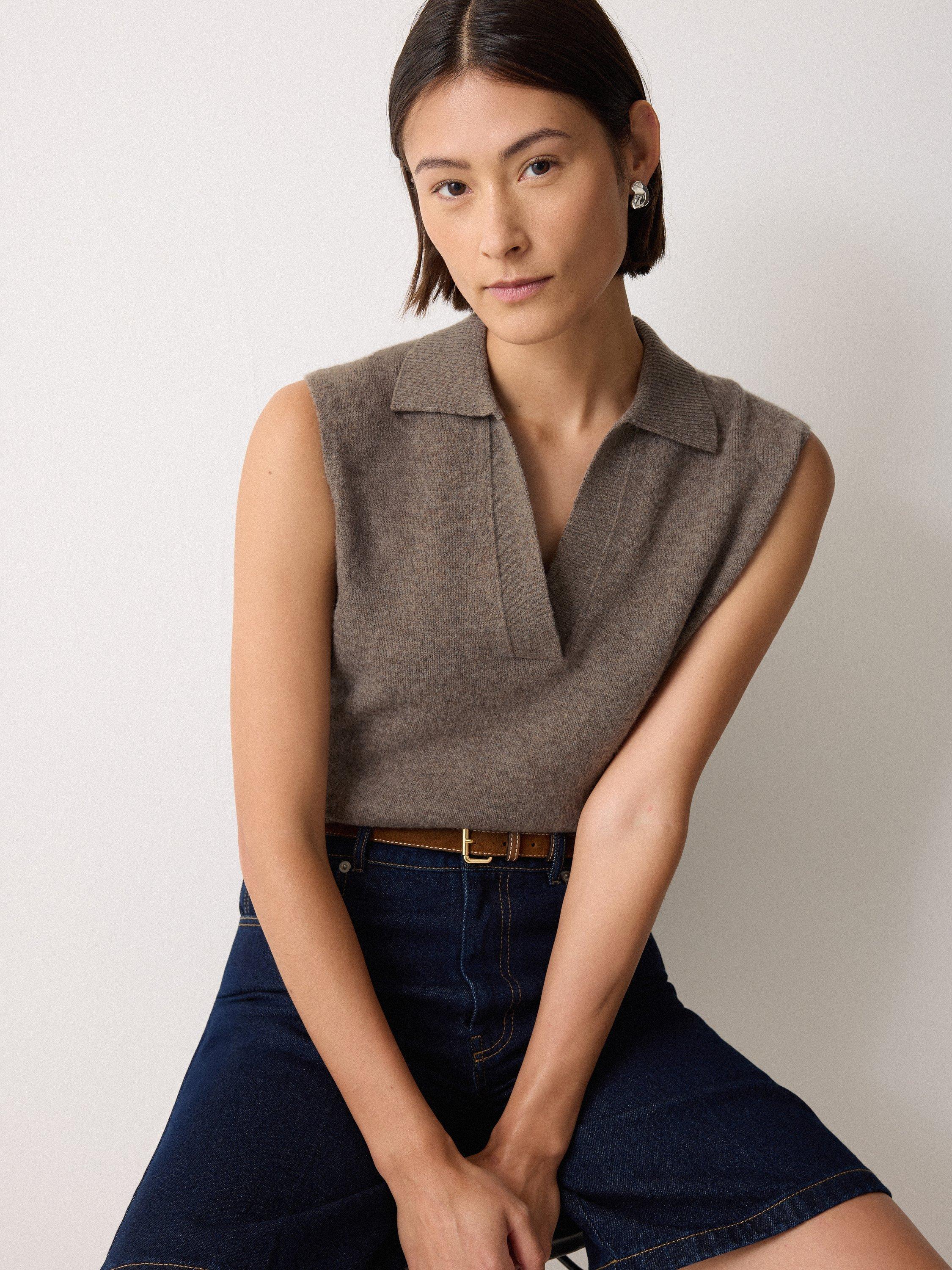 Product image 1 of 5, which shows Jigsaw Wool Rich Knit Polo Top, Taupe, XS