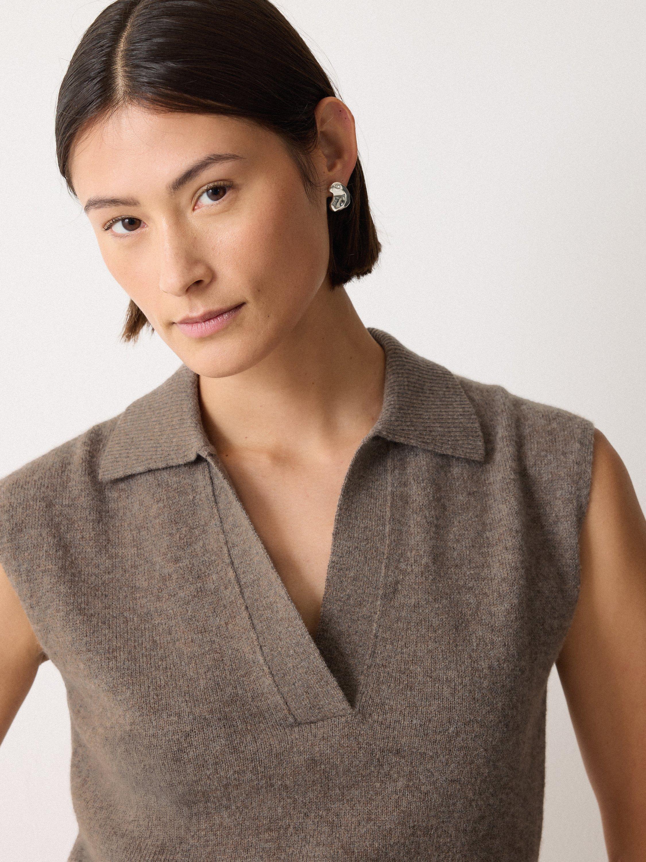 Product image 3 of 5, which shows Jigsaw Wool Rich Knit Polo Top, Taupe, XS