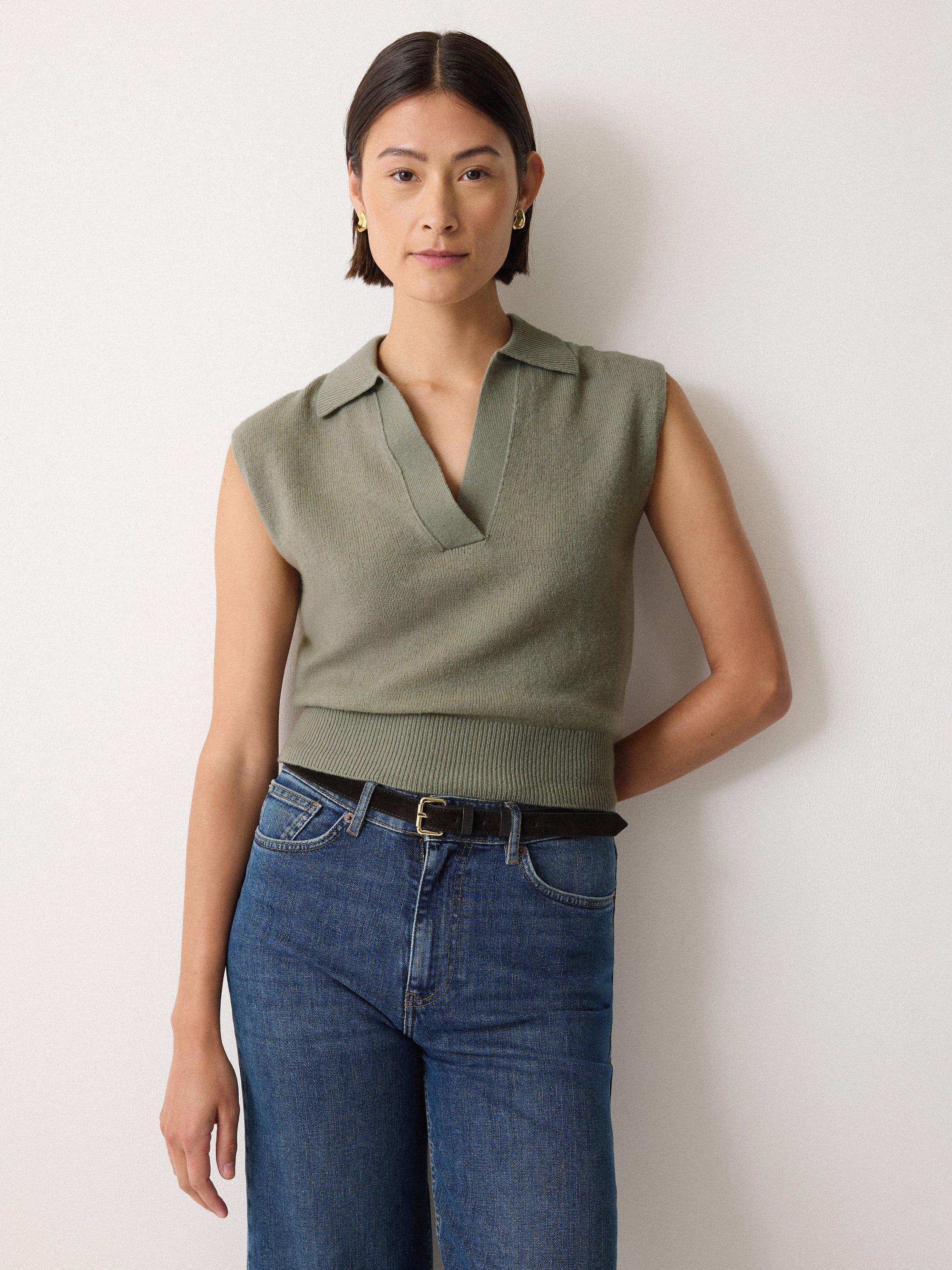 Product image 1 of 5, which shows Jigsaw Wool Rich Knit Polo Top, Green, XS