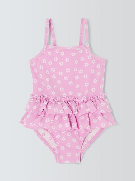 John Lewis Baby Floral Ruffle Textured Swimsuit, Pink, Pink