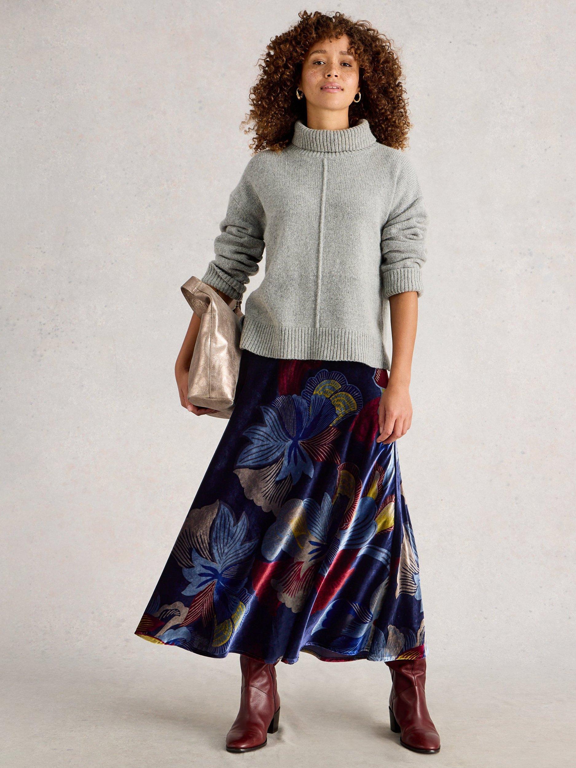 Product image 1 of 6, which shows White Stuff Hope A-Line Velvet Midi Skirt , Navy/Multi, 6