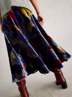 White Stuff Hope A-Line Velvet Midi Skirt - view 2, Navy/Multi