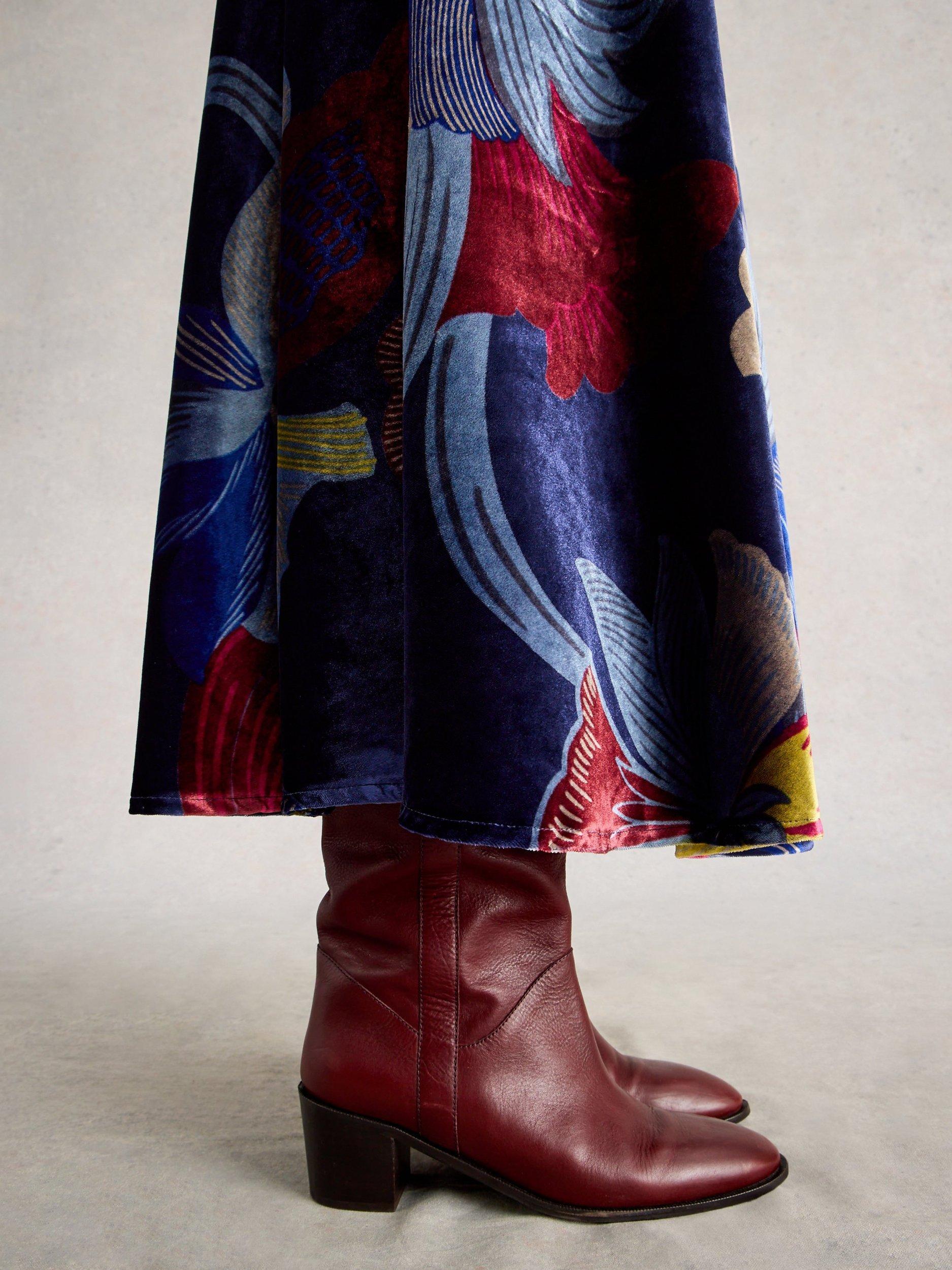 Product image 3 of 6, which shows White Stuff Hope A-Line Velvet Midi Skirt , Navy/Multi, 6