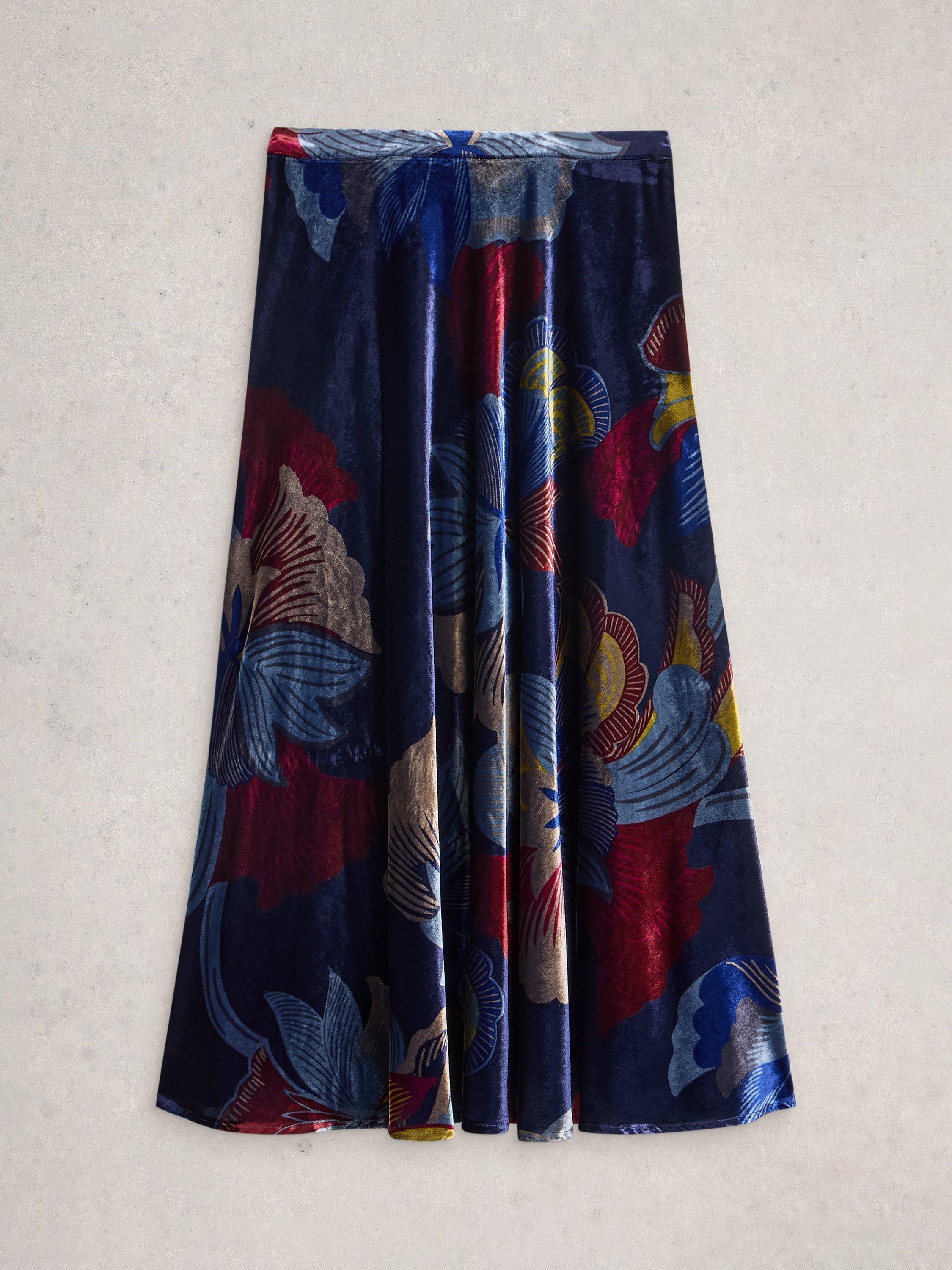 Product image 5 of 6, which shows White Stuff Hope A-Line Velvet Midi Skirt , Navy/Multi, 6