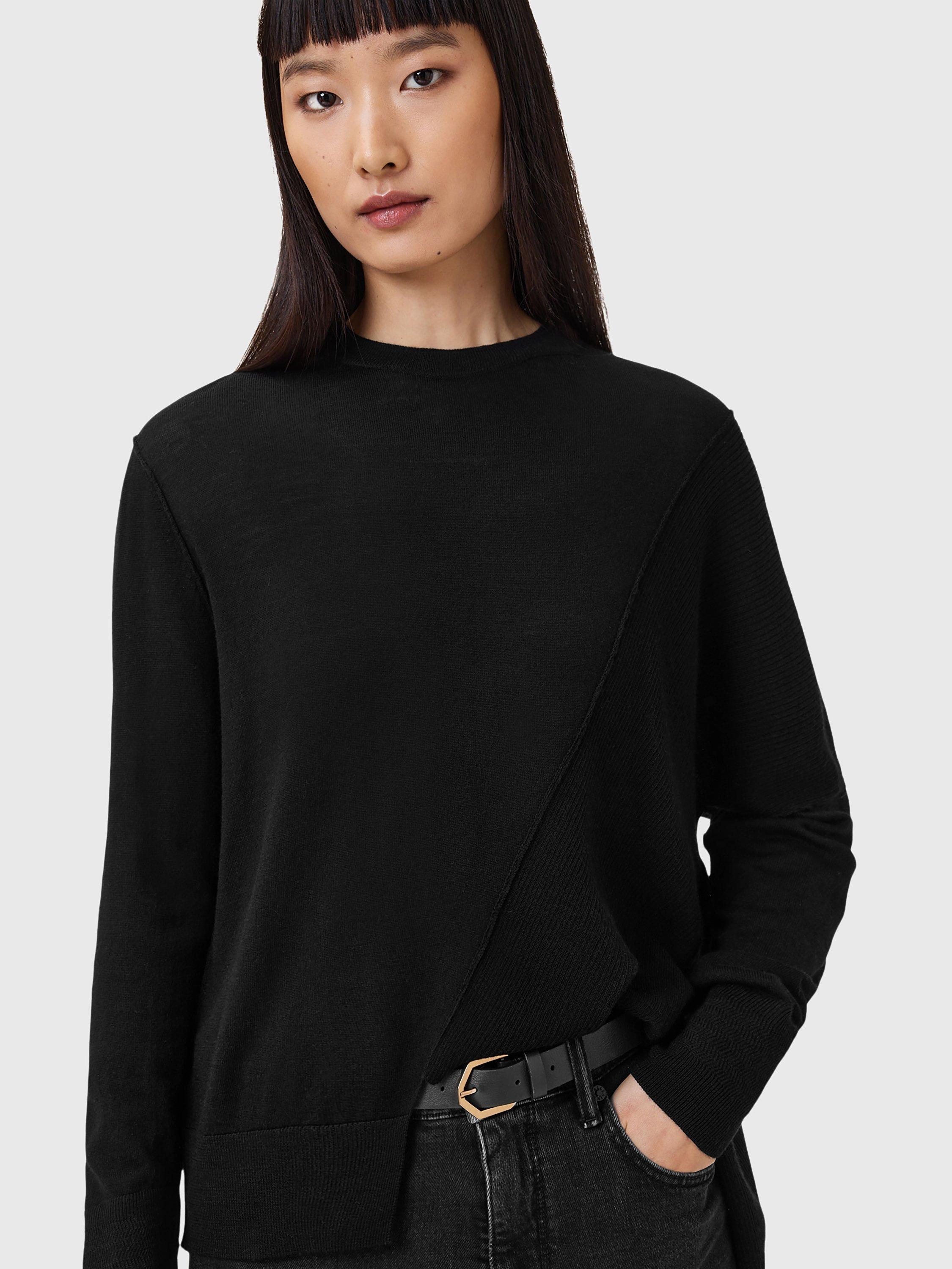 Product image 6 of 9, which shows AllSaints Isla Asymmetric Pure Wool Jumper, Black, L