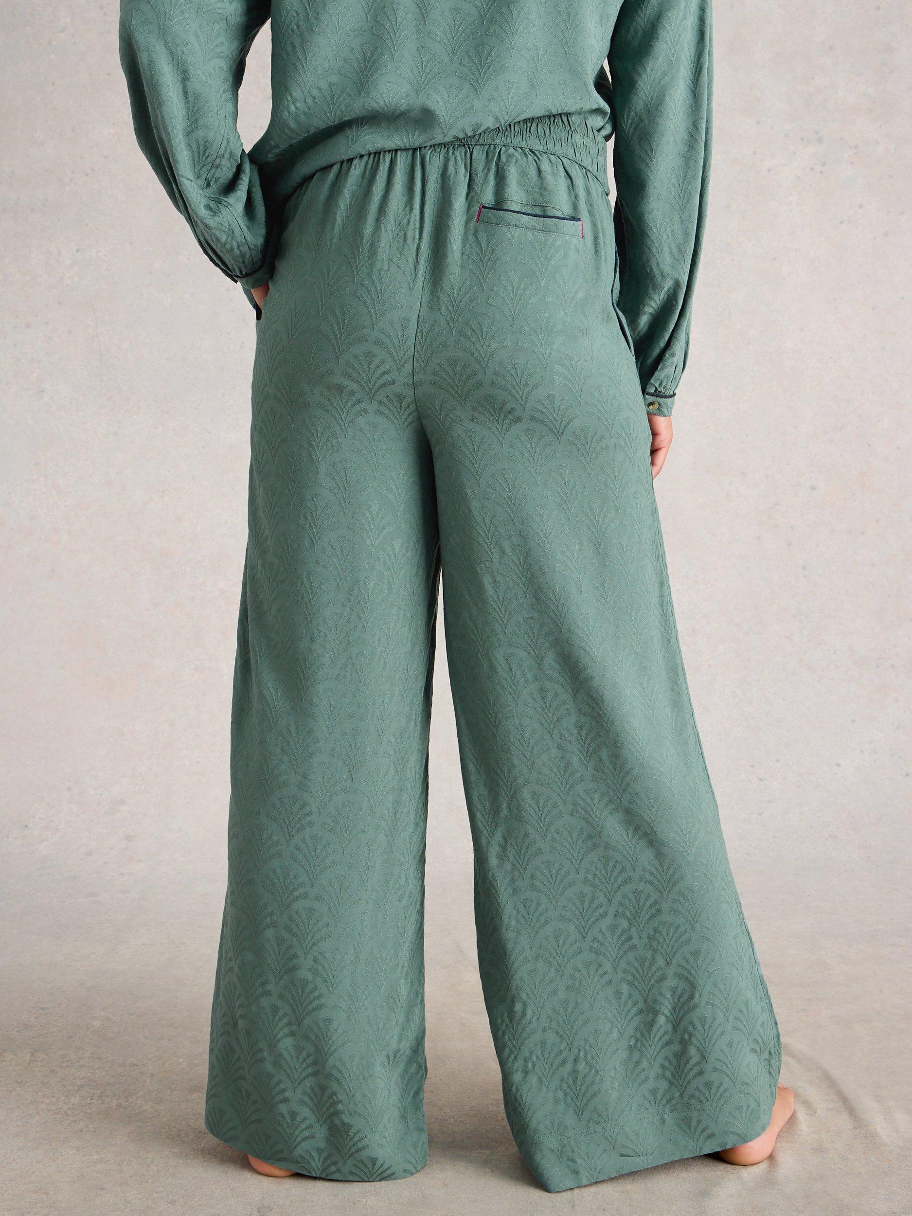 Product image 2 of 6, which shows White Stuff Celia Jacquard Pyjama Bottoms containing LENZING™ ECOVERO™ Viscose, Dark Green, XS