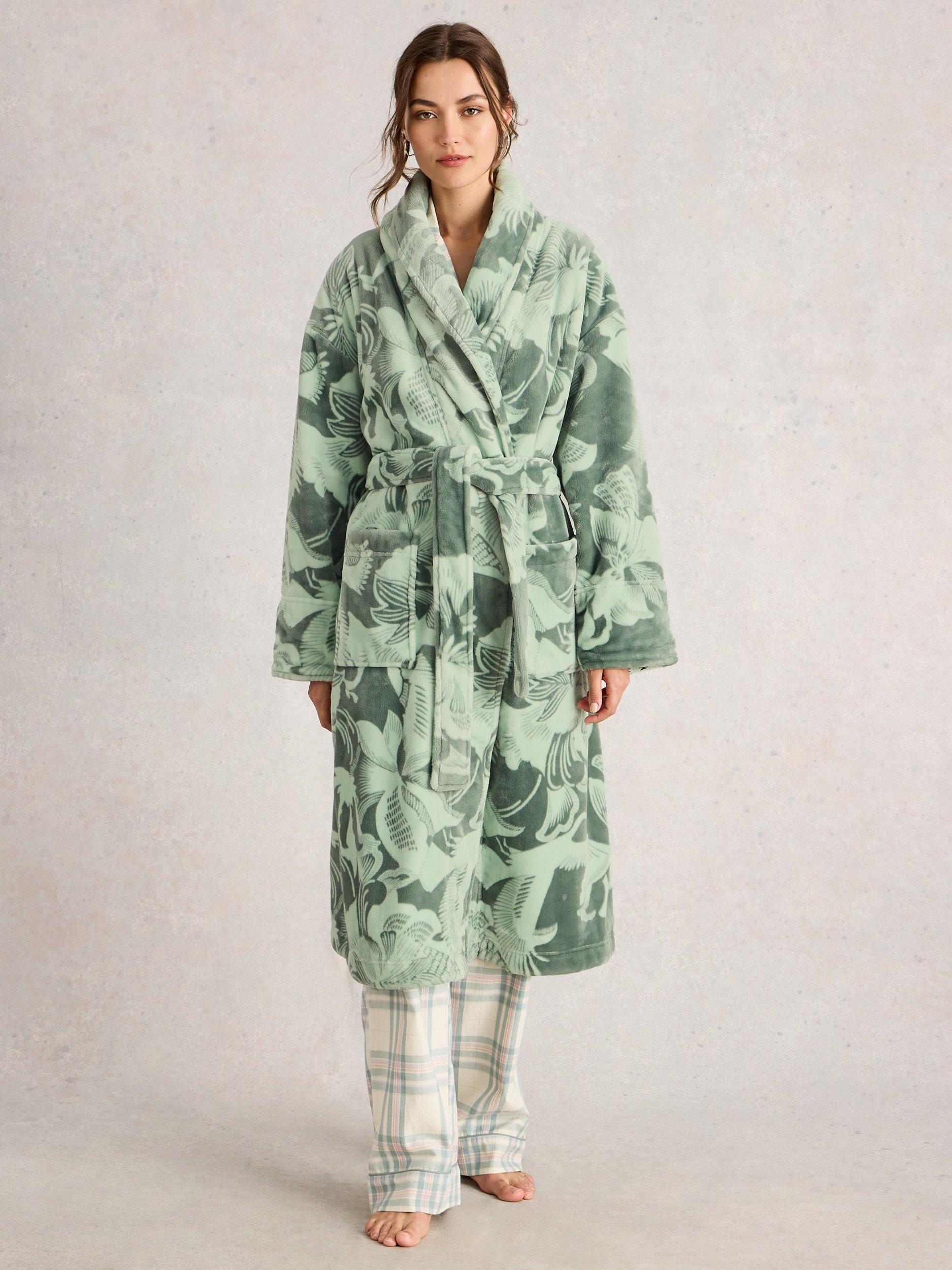 Product image 1 of 6, which shows White Stuff Clover Floral Print Dressing Gown, Green, XS