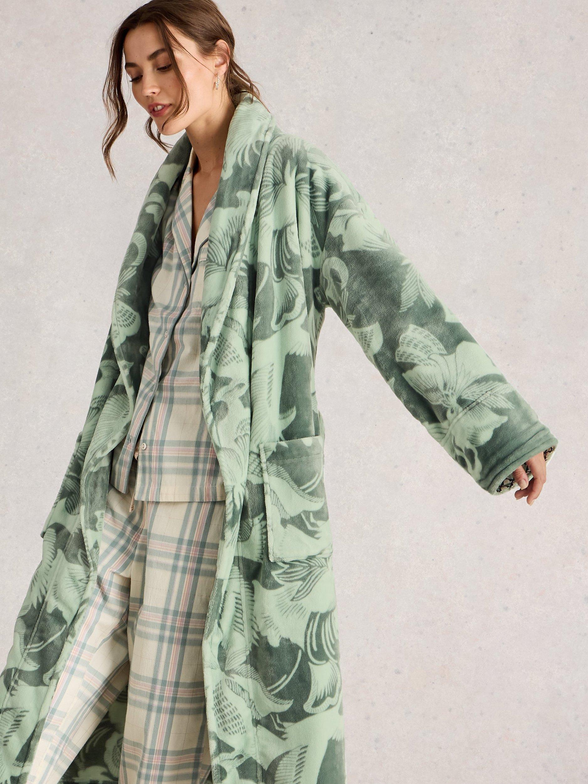 Product image 3 of 6, which shows White Stuff Clover Floral Print Dressing Gown, Green, XS