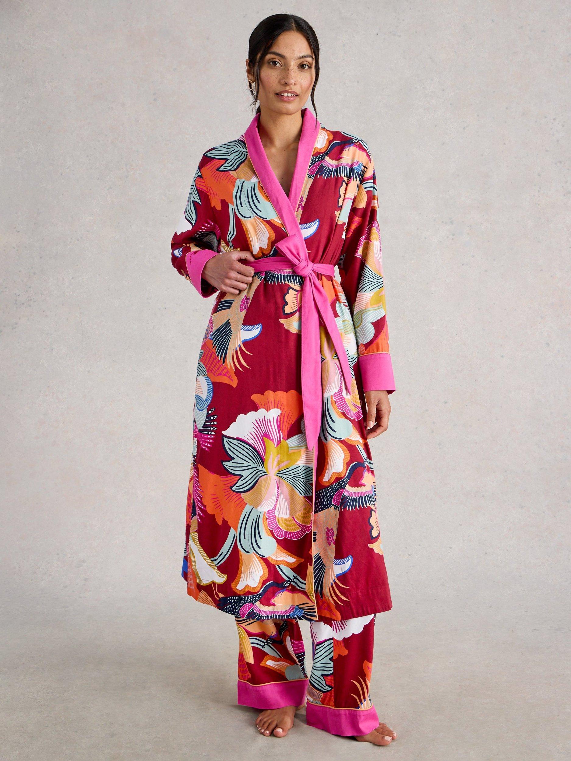 Product image 1 of 6, which shows White Stuff Nina Midi Organic Cotton Dressing Gown , Red Multi, L