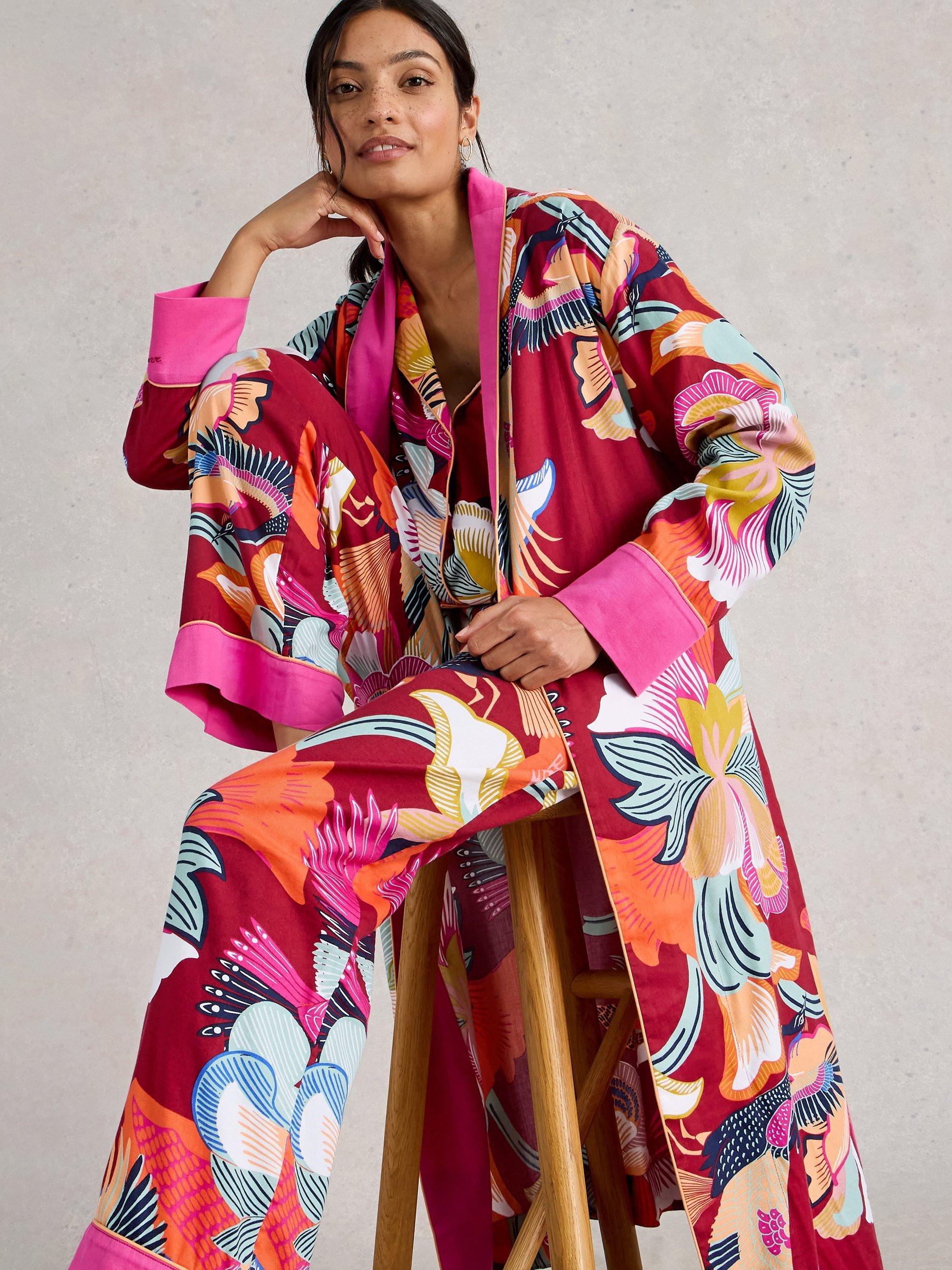 Product image 4 of 6, which shows White Stuff Nina Midi Organic Cotton Dressing Gown , Red Multi, L