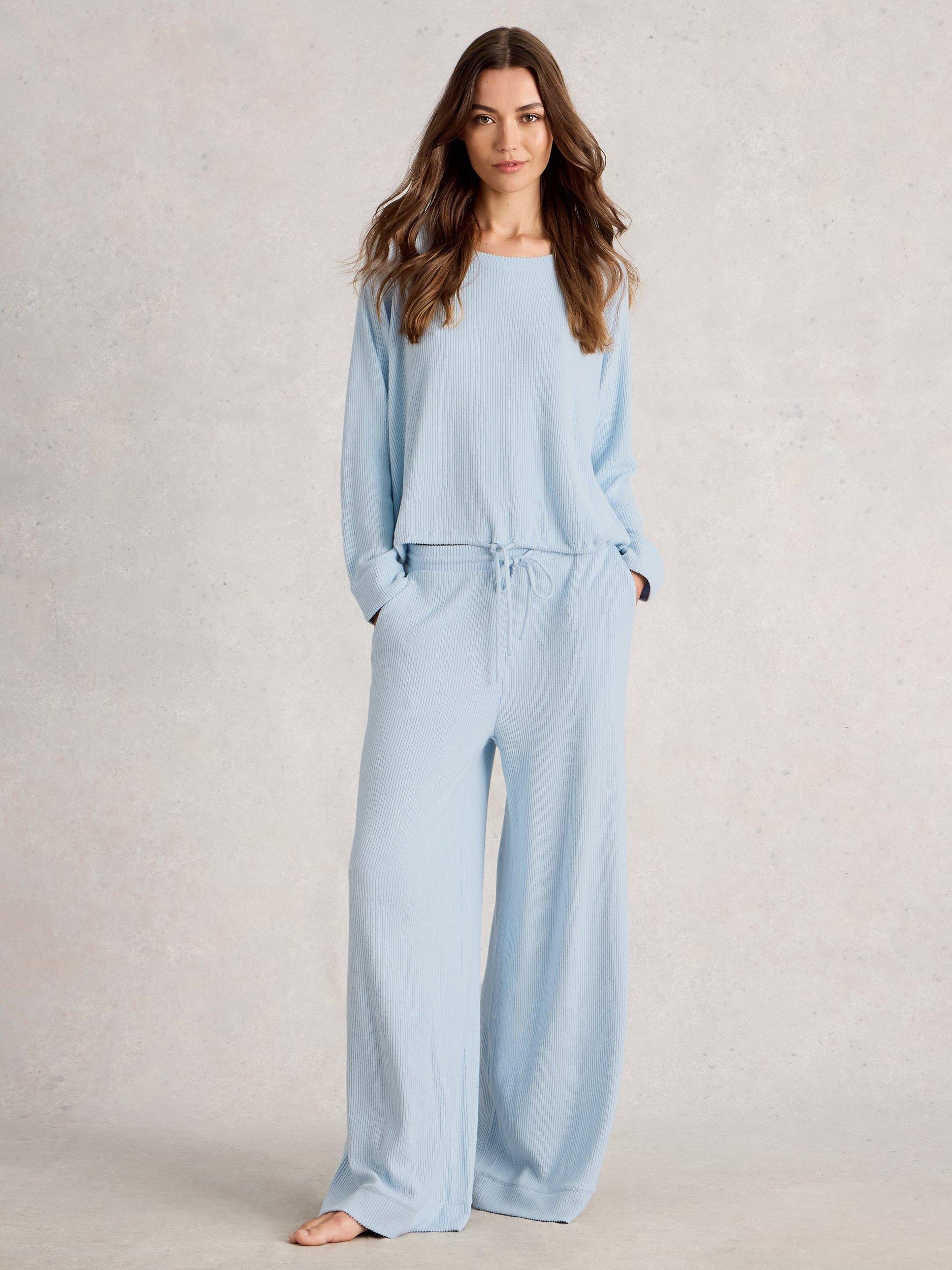 Product image 1 of 6, which shows White Stuff Cosy Ribbed Pyjama Bottoms, Light Blue, M
