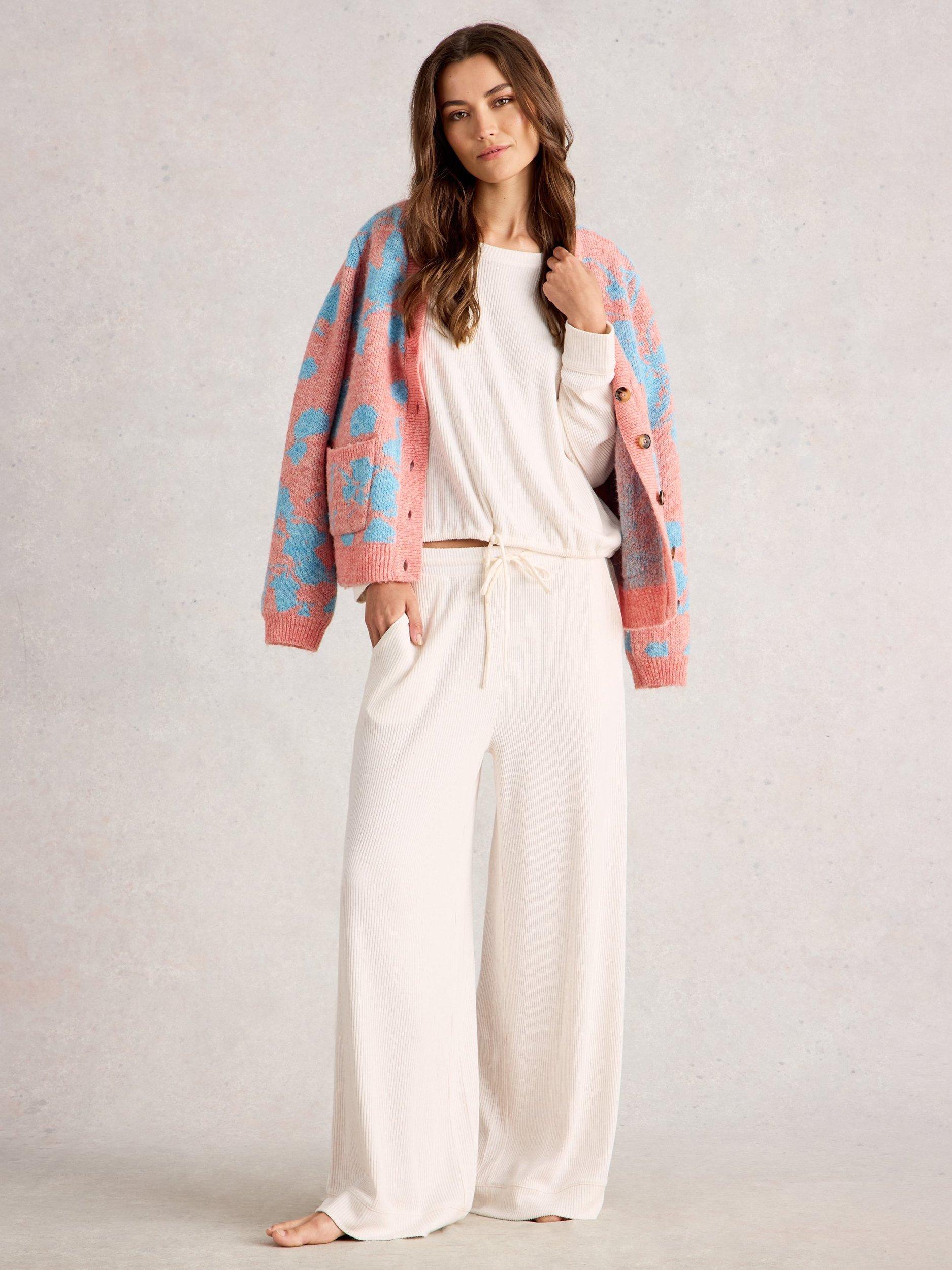 Product image 1 of 6, which shows White Stuff Cosy Ribbed Pyjama Bottoms, Pale Ivory, XL