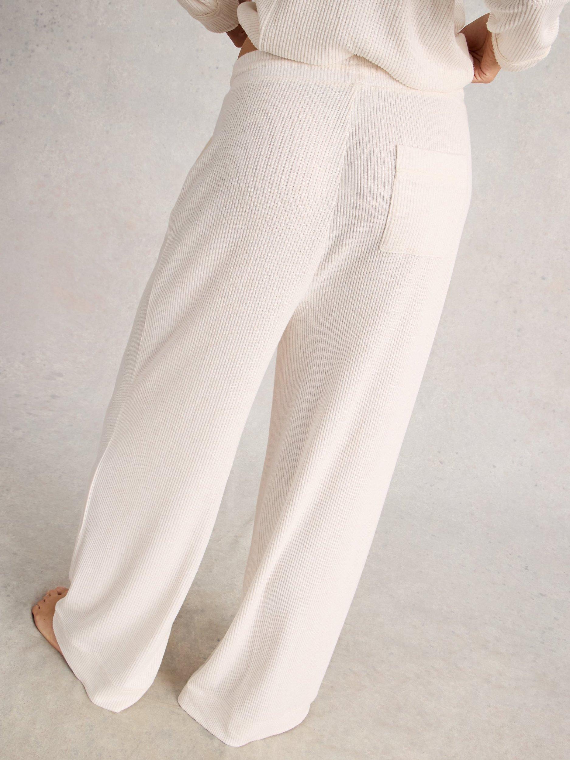 Product image 2 of 6, which shows White Stuff Cosy Ribbed Pyjama Bottoms, Pale Ivory, XL