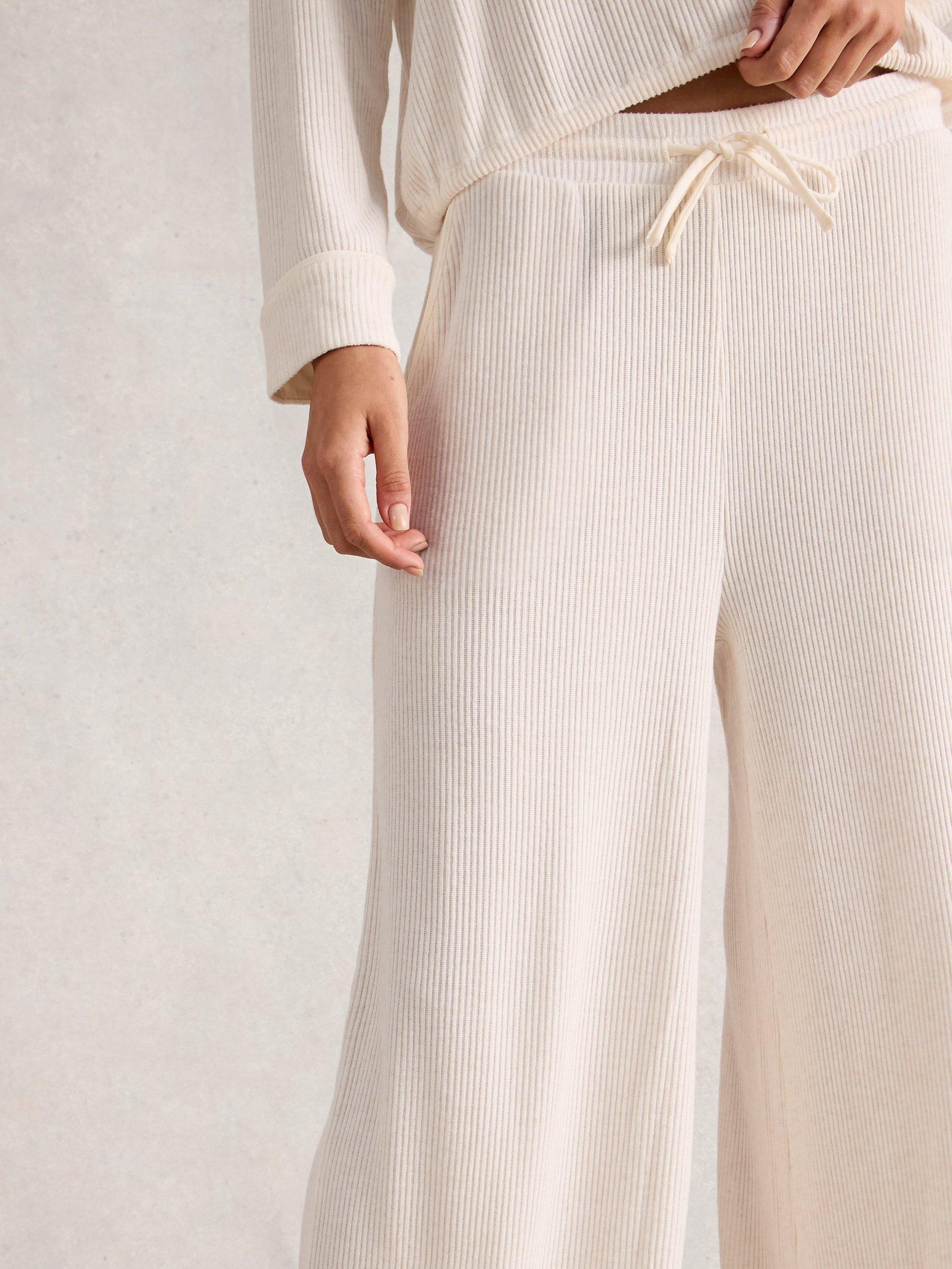 Product image 3 of 6, which shows White Stuff Cosy Ribbed Pyjama Bottoms, Pale Ivory, XL