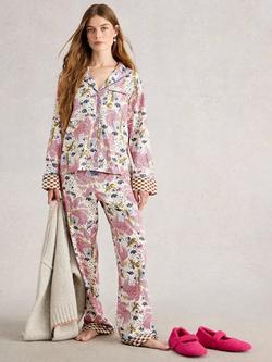 White Stuff Nina Trees & Birds Button Through Pyjama Top, Natural/Multi, Natural/Multi