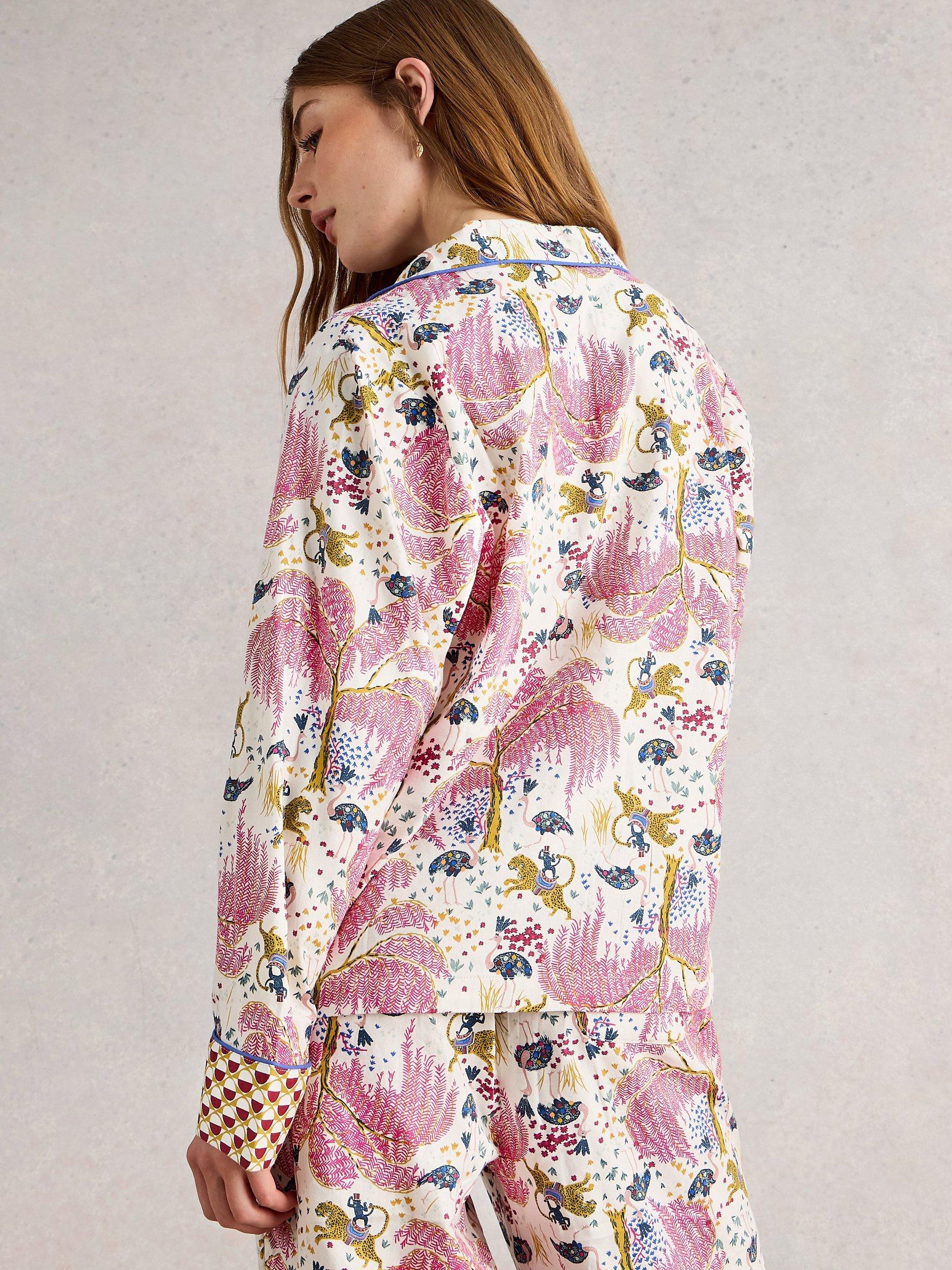 Product image 2 of 6, which shows White Stuff Nina Trees & Birds Button Through Pyjama Top, Natural/Multi, XL