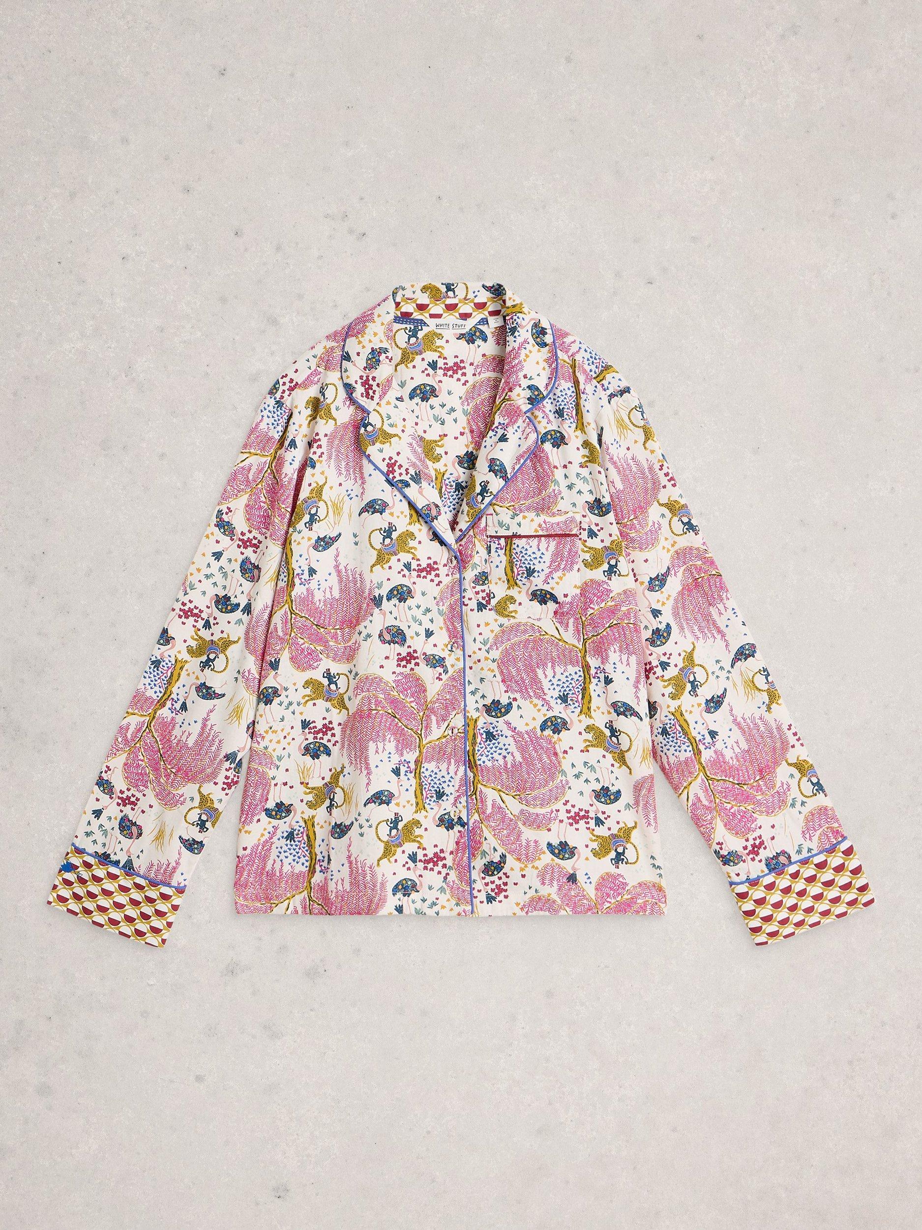 Product image 5 of 6, which shows White Stuff Nina Trees & Birds Button Through Pyjama Top, Natural/Multi, XL