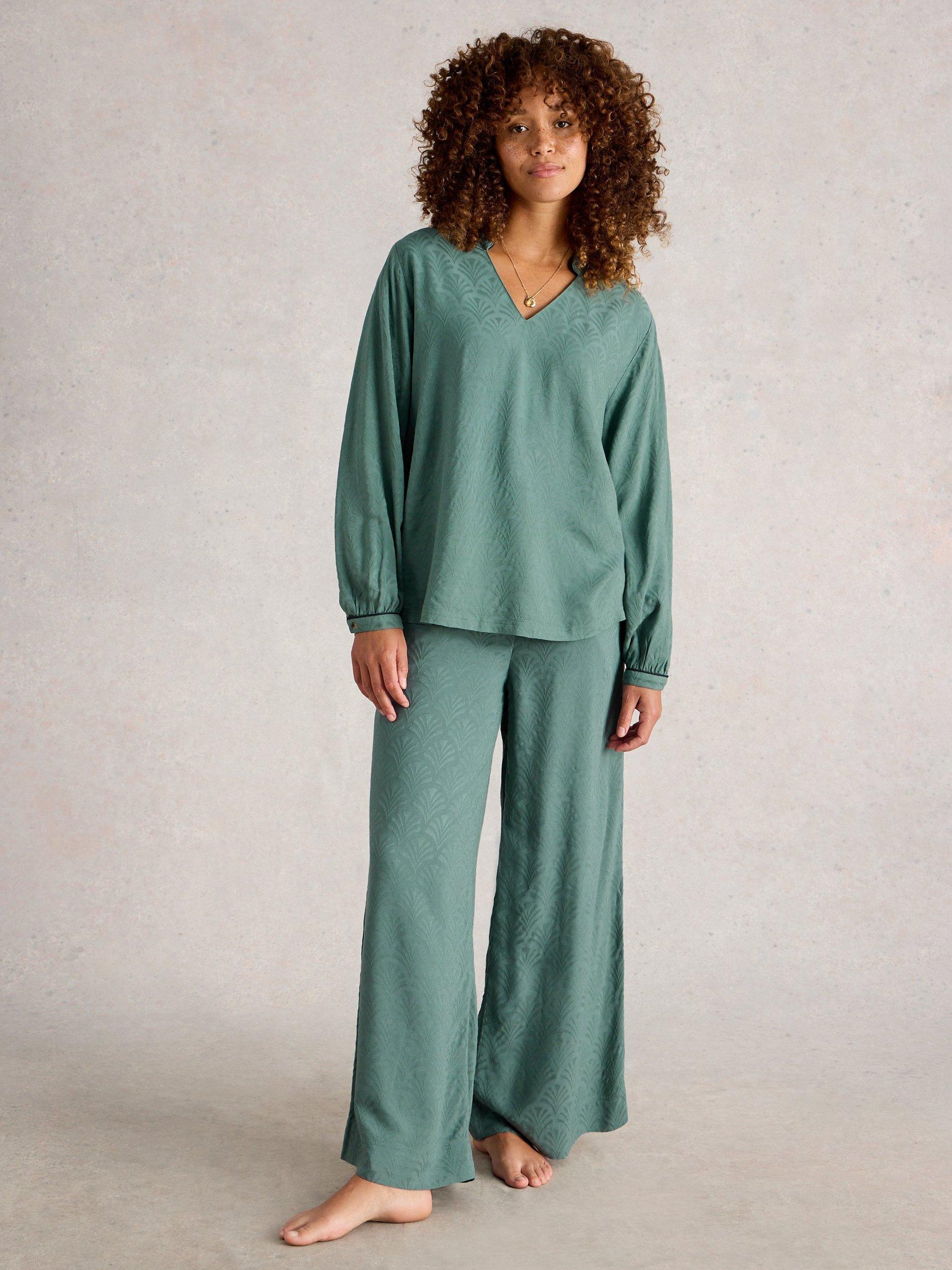 Product image 1 of 6, which shows White Stuff Celia Textured Pyjama Top, Dark Green, S