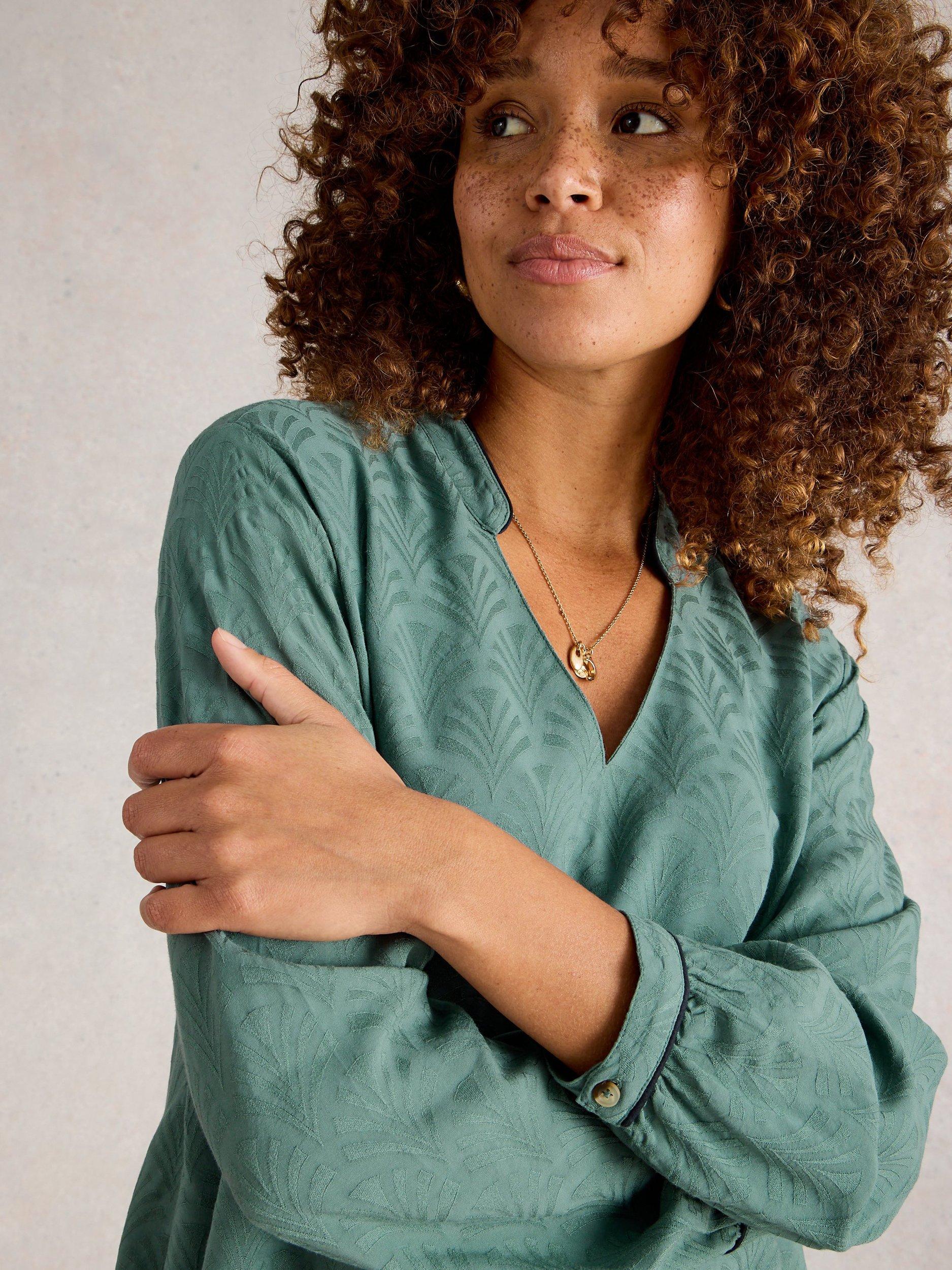 Product image 3 of 6, which shows White Stuff Celia Textured Pyjama Top, Dark Green, S