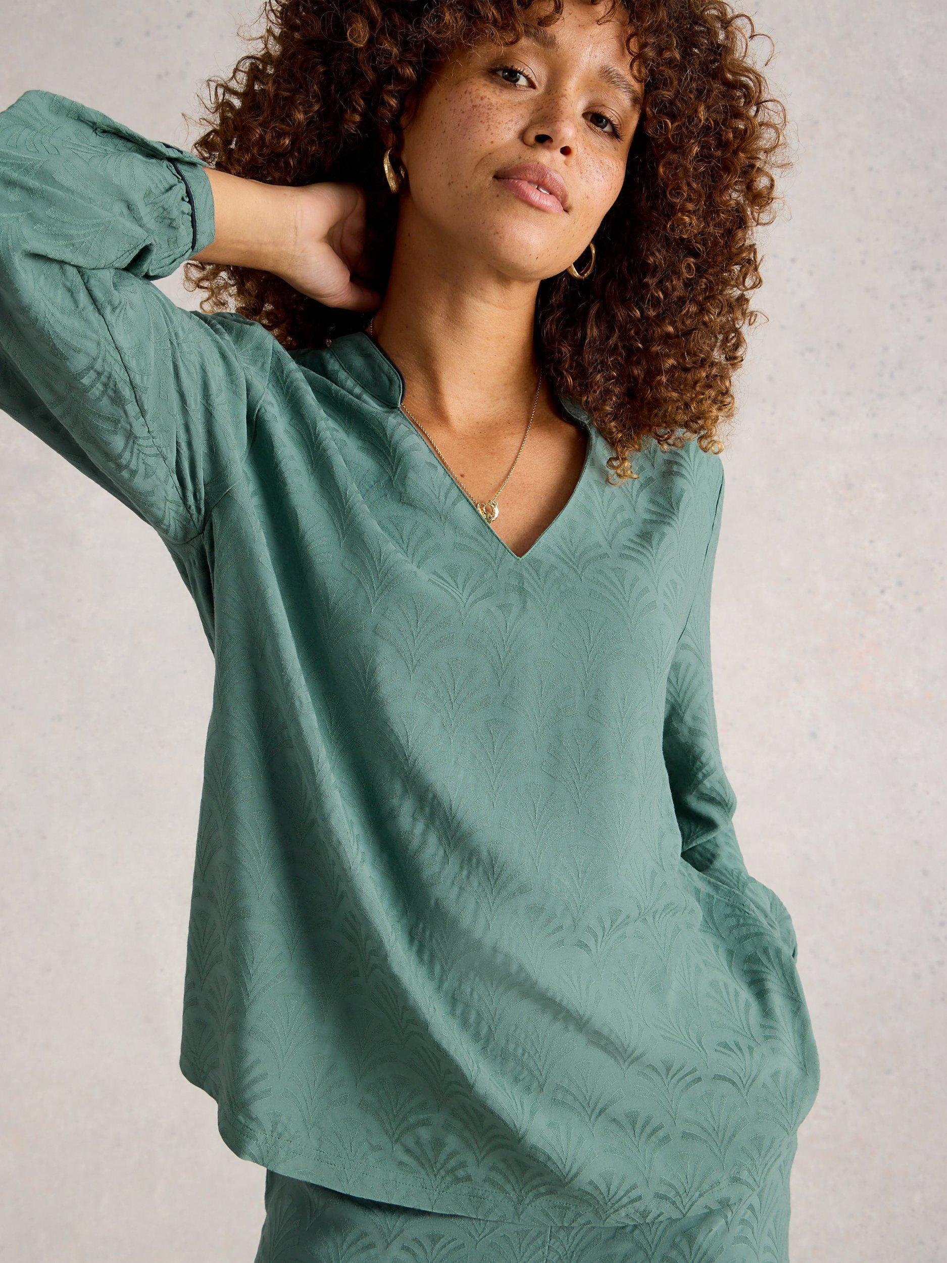 Product image 4 of 6, which shows White Stuff Celia Textured Pyjama Top, Dark Green, S
