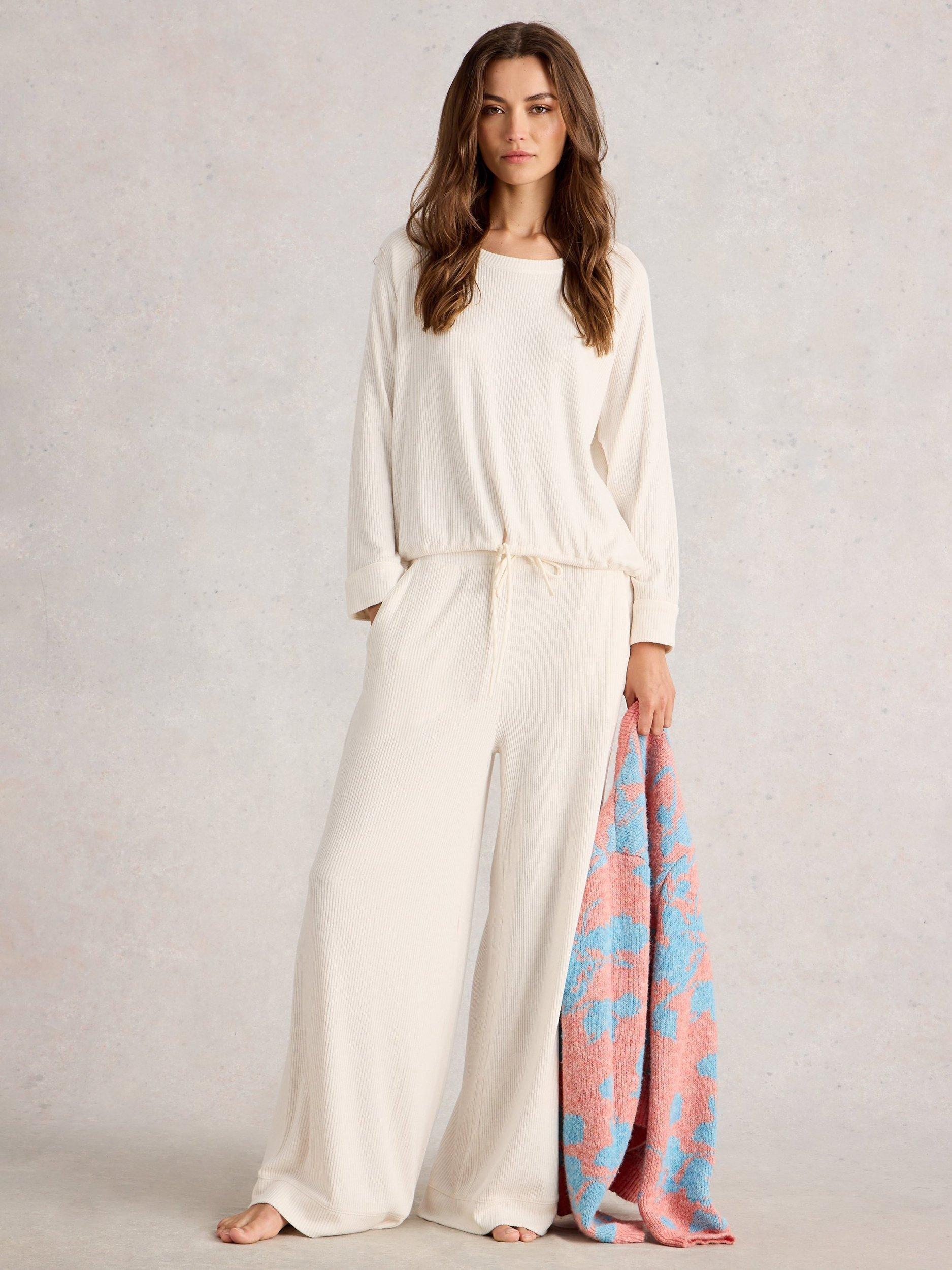 Product image 1 of 6, which shows White Stuff Cosy Ribbed Pyjama Top, Pale Ivory, XL