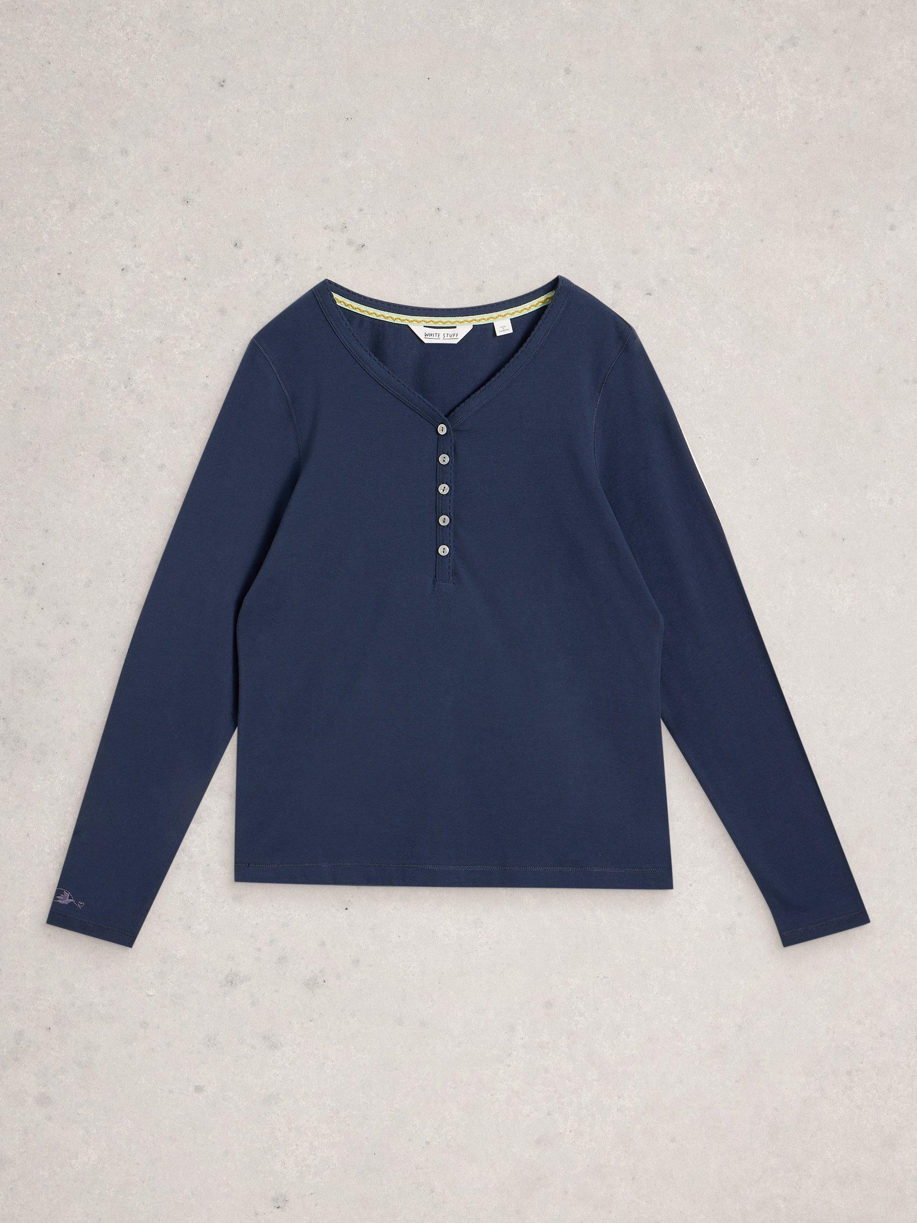 Product image 5 of 6, which shows White Stuff Penny Cotton Blend V-Neck Pyjama Top , Dark Navy, XL