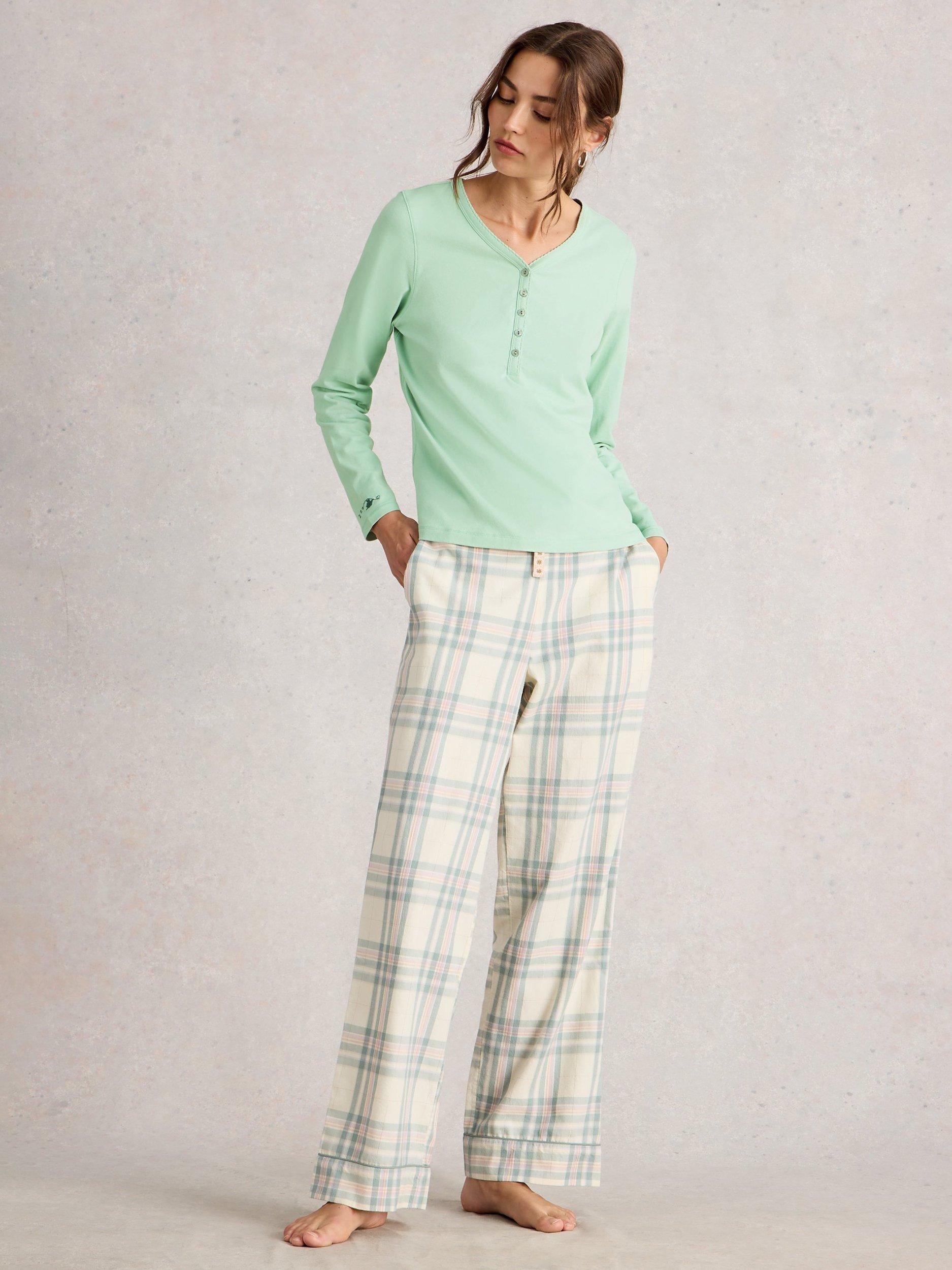 Product image 1 of 6, which shows White Stuff Penny Cotton Blend Long Sleeve Button Neck Pyjama Top, Light Green, XL