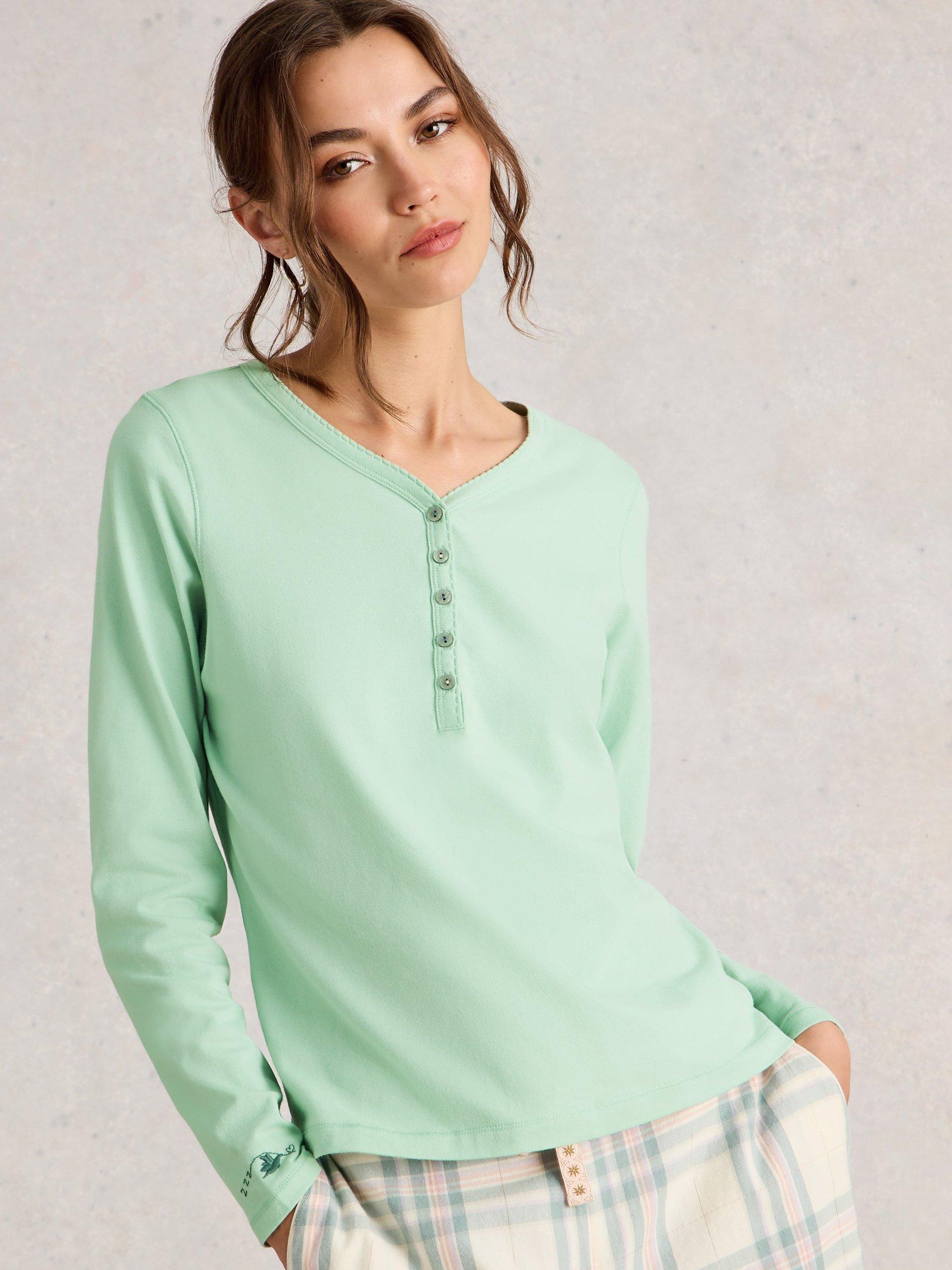 Product image 3 of 6, which shows White Stuff Penny Cotton Blend Long Sleeve Button Neck Pyjama Top, Light Green, XL