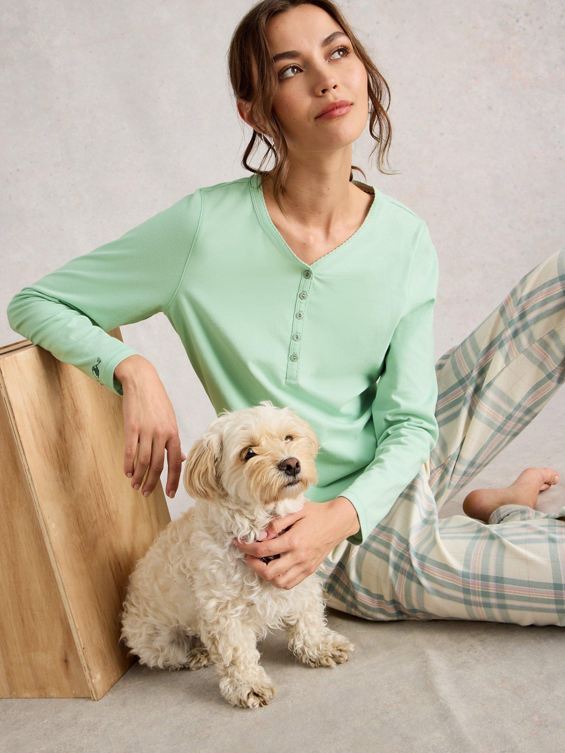 Product image 4 of 6, which shows White Stuff Penny Cotton Blend Long Sleeve Button Neck Pyjama Top, Light Green, XL