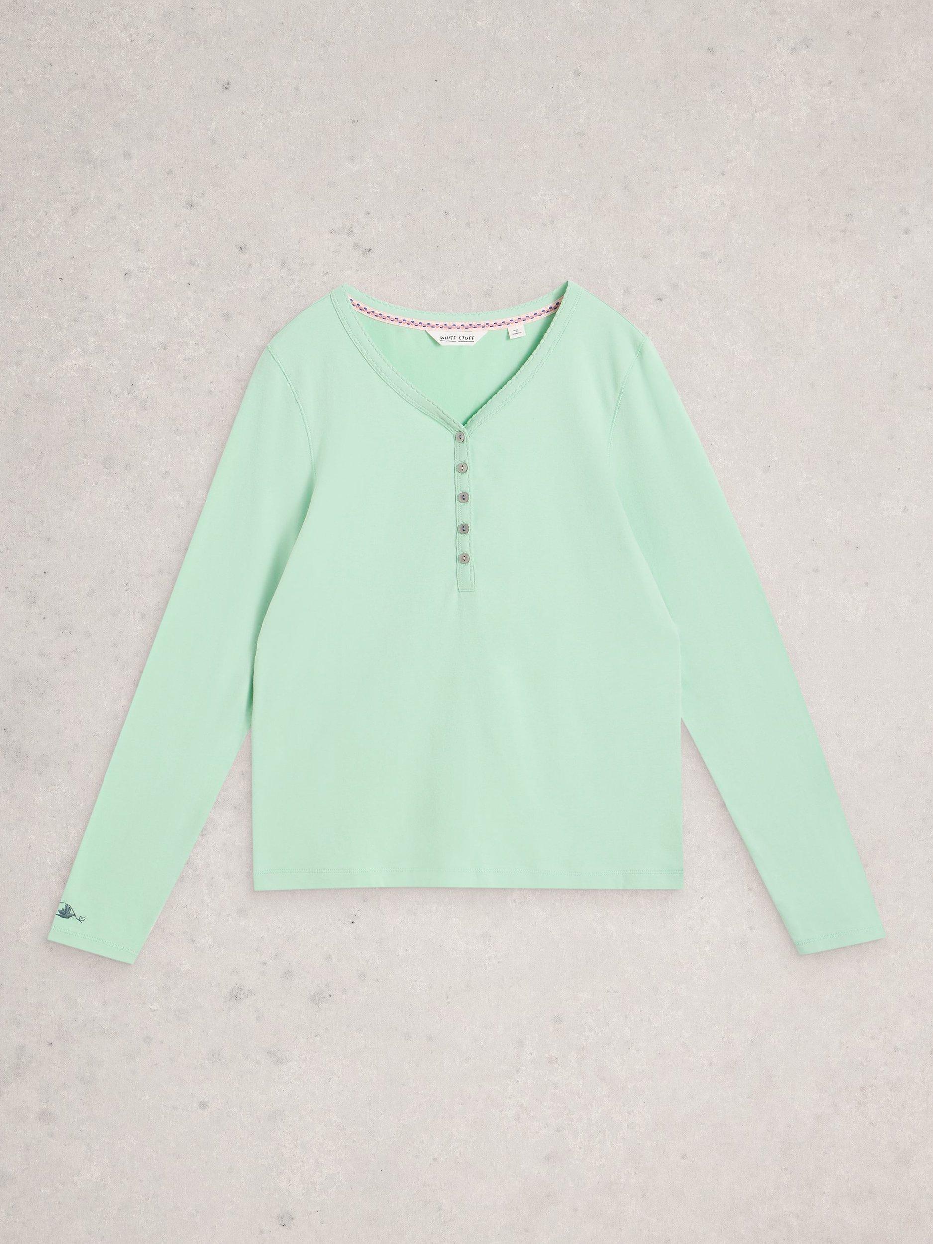 Product image 5 of 6, which shows White Stuff Penny Cotton Blend Long Sleeve Button Neck Pyjama Top, Light Green, XL
