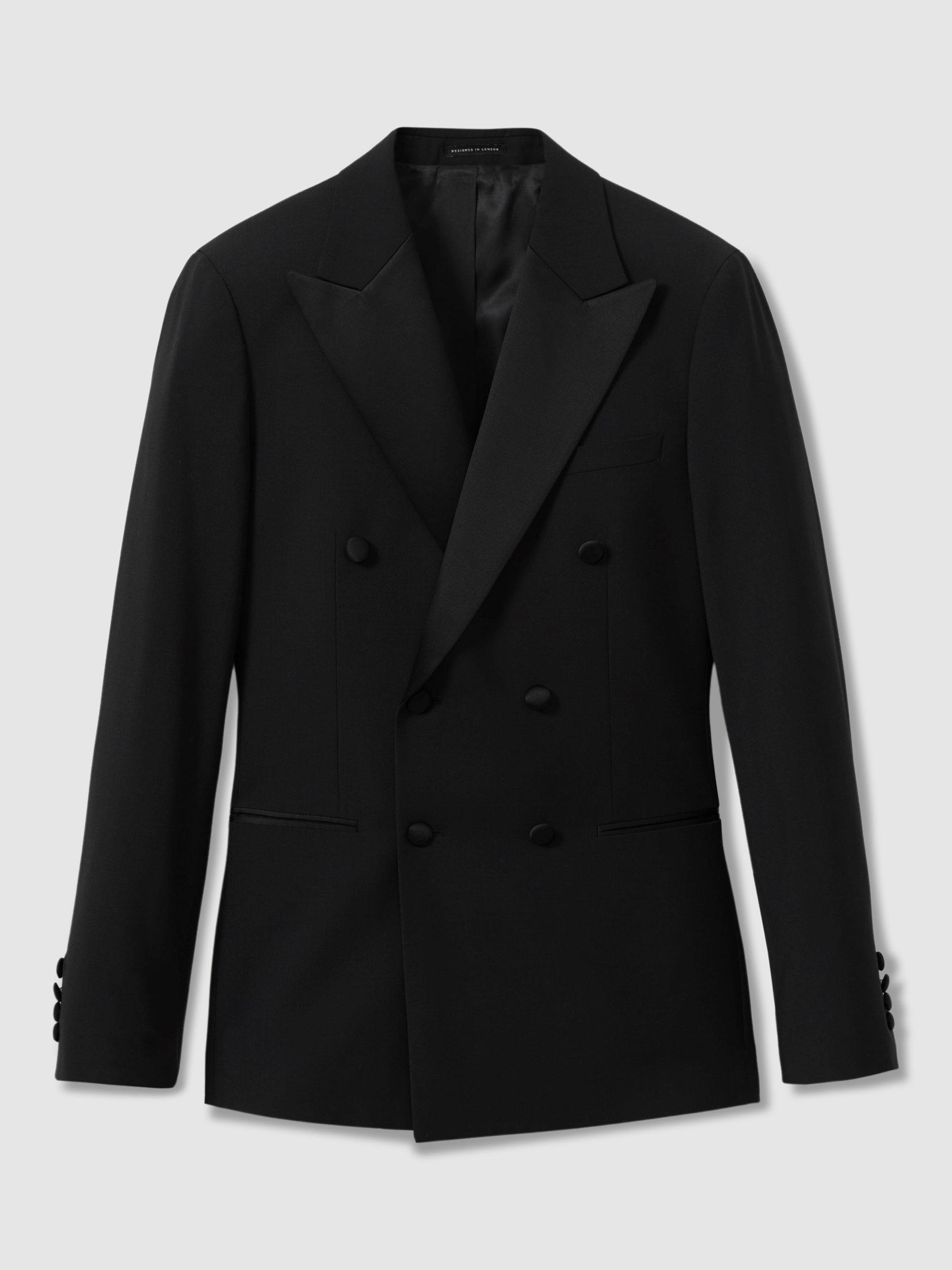 Product image 4 of 6, which shows Reiss Poker Double Breasted Wool Blend Blazer, Black, 36